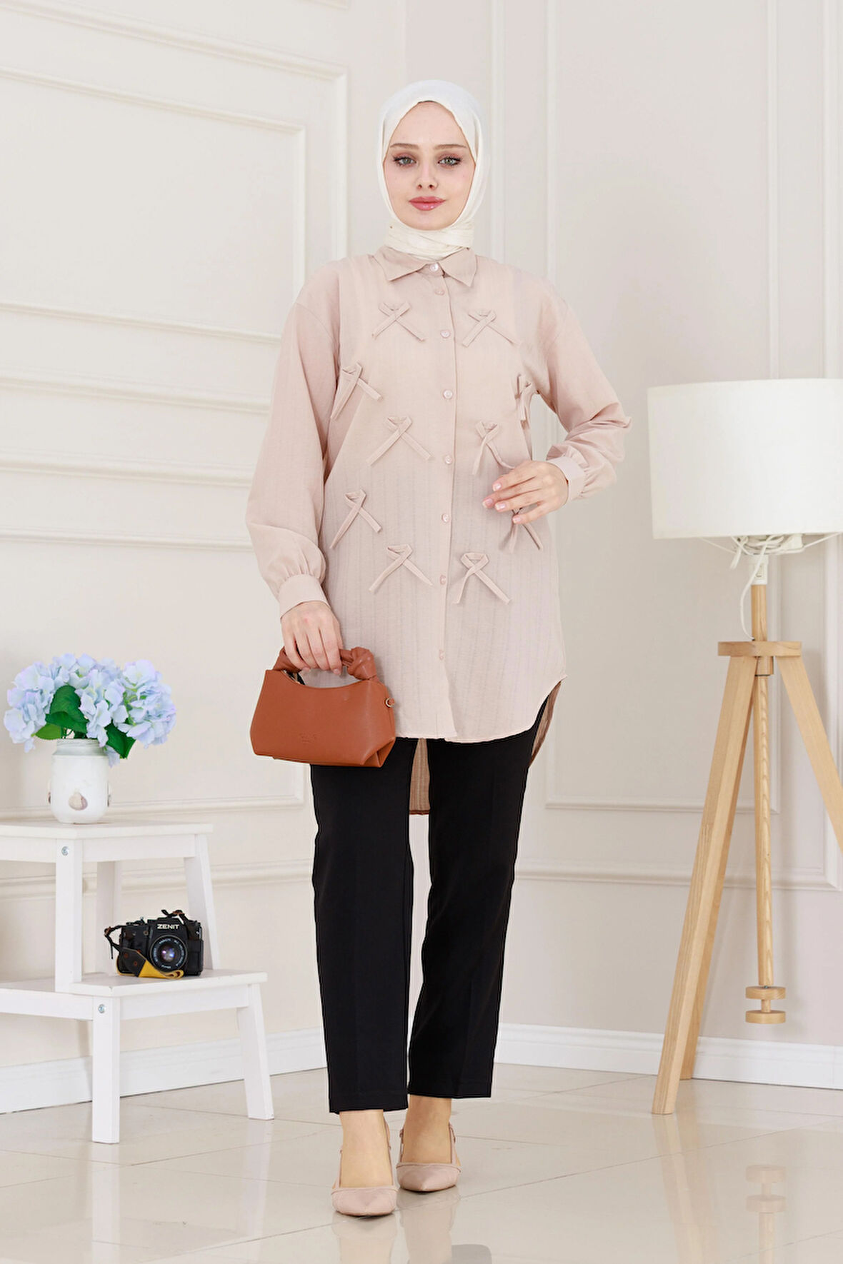 Önü Fiyonk Detaylı Keten Tunik-Bej