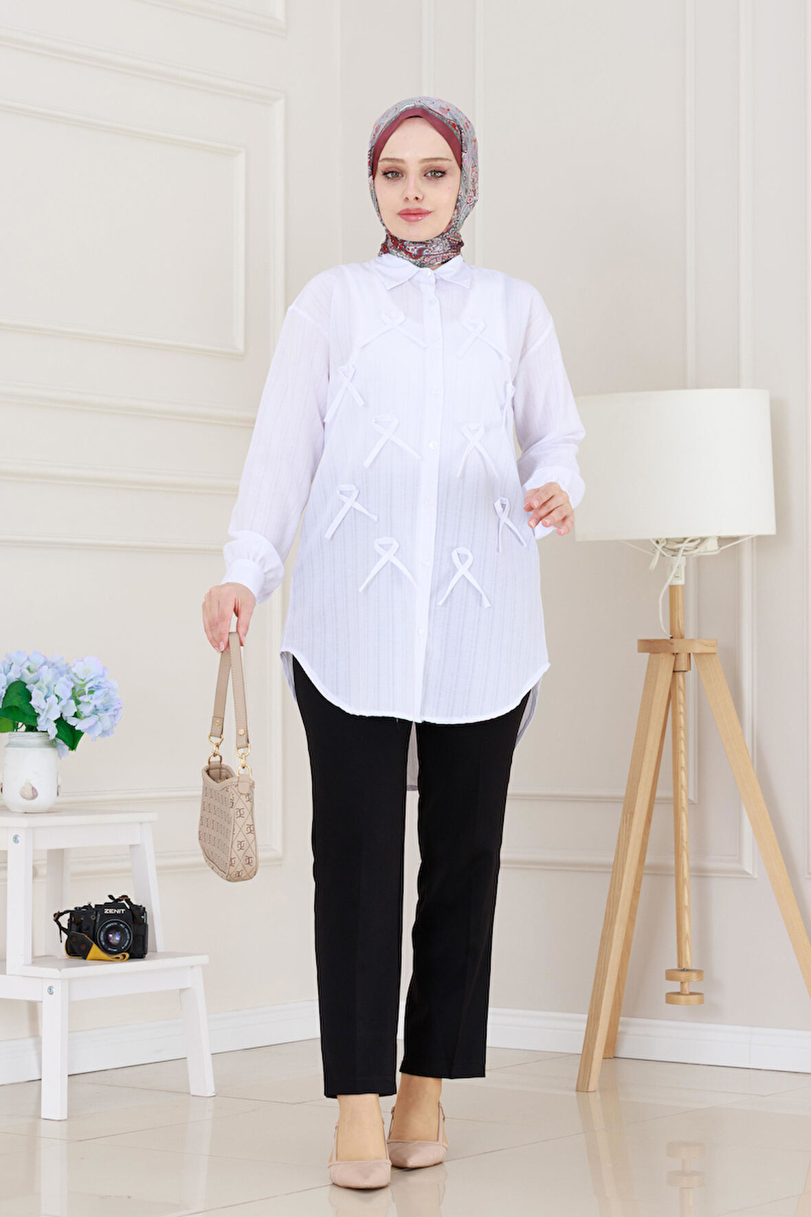 Önü Fiyonk Detaylı Keten Tunik-Beyaz