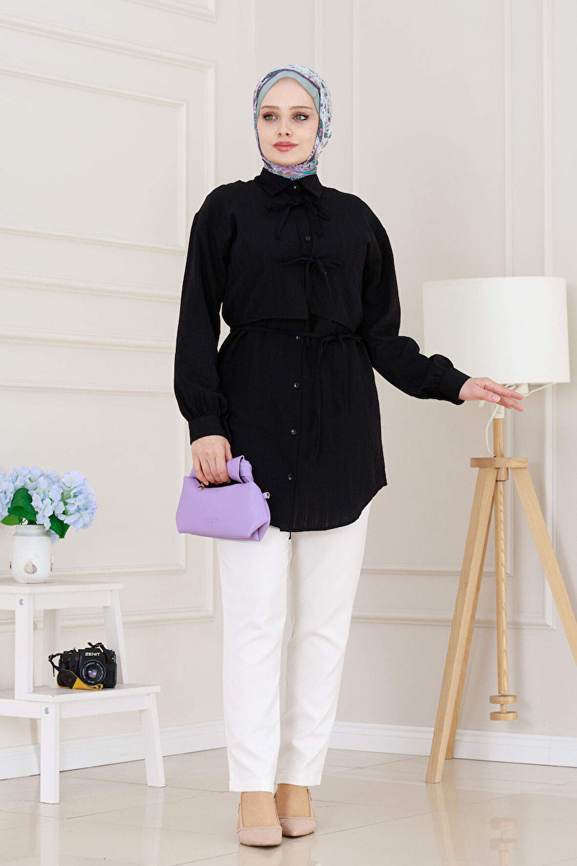 Cepken Detaylı Bağlamalı Keten Tunik-Siyah