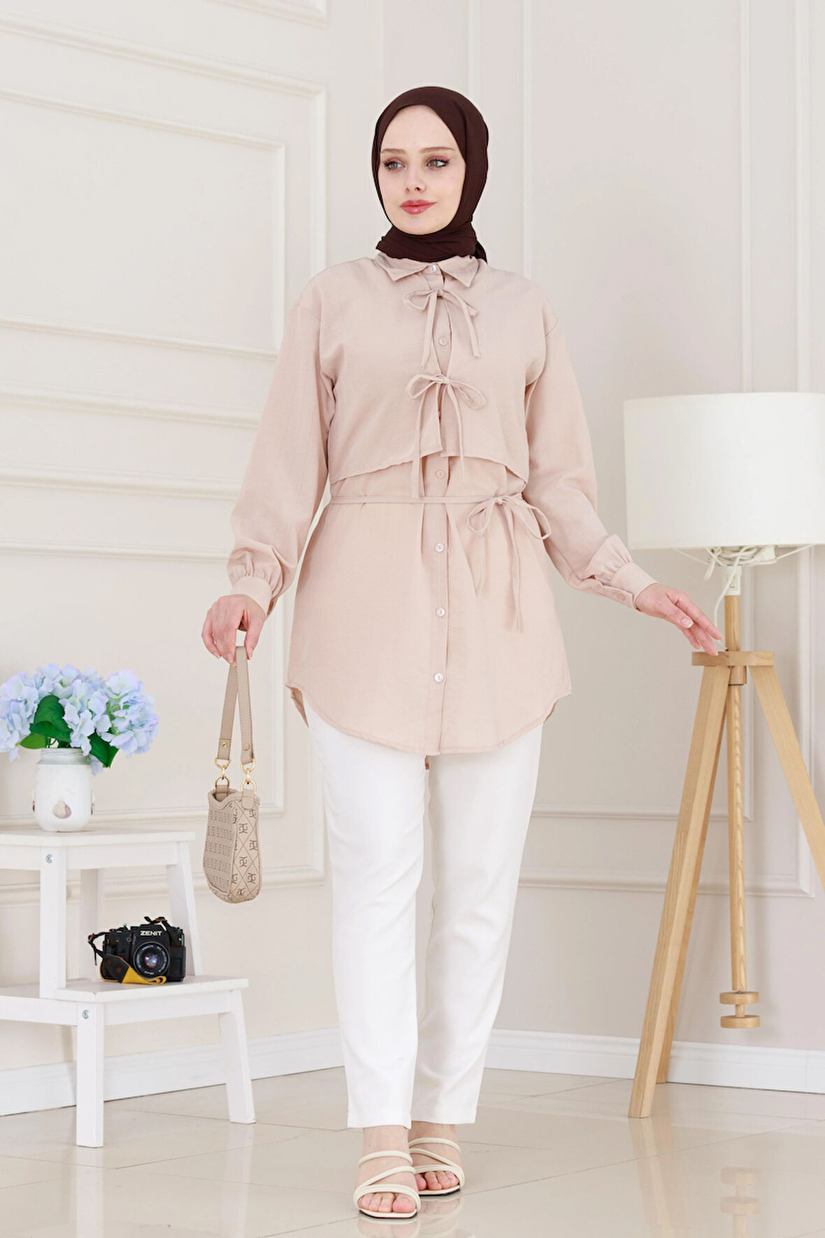 Cepken Detaylı Bağlamalı Keten Tunik-Bej