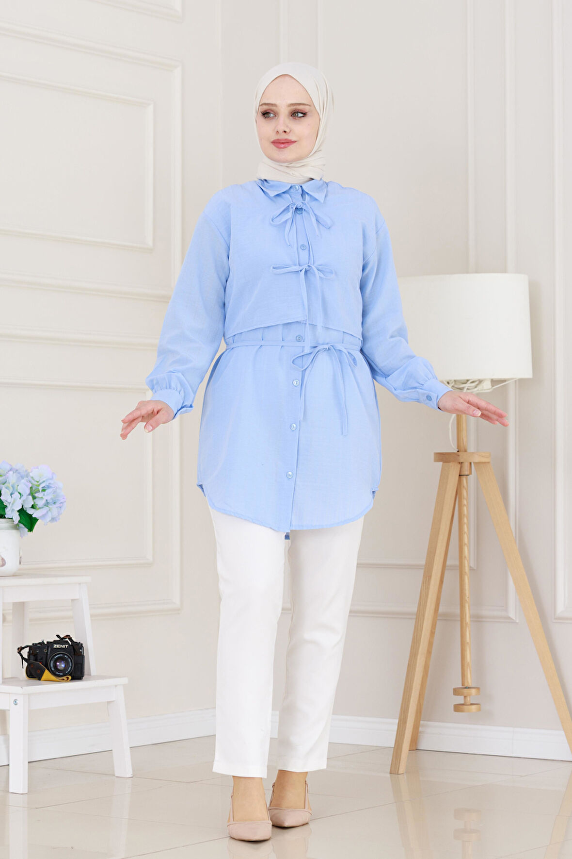 Cepken Detaylı Bağlamalı Keten Tunik-Bebe mavi
