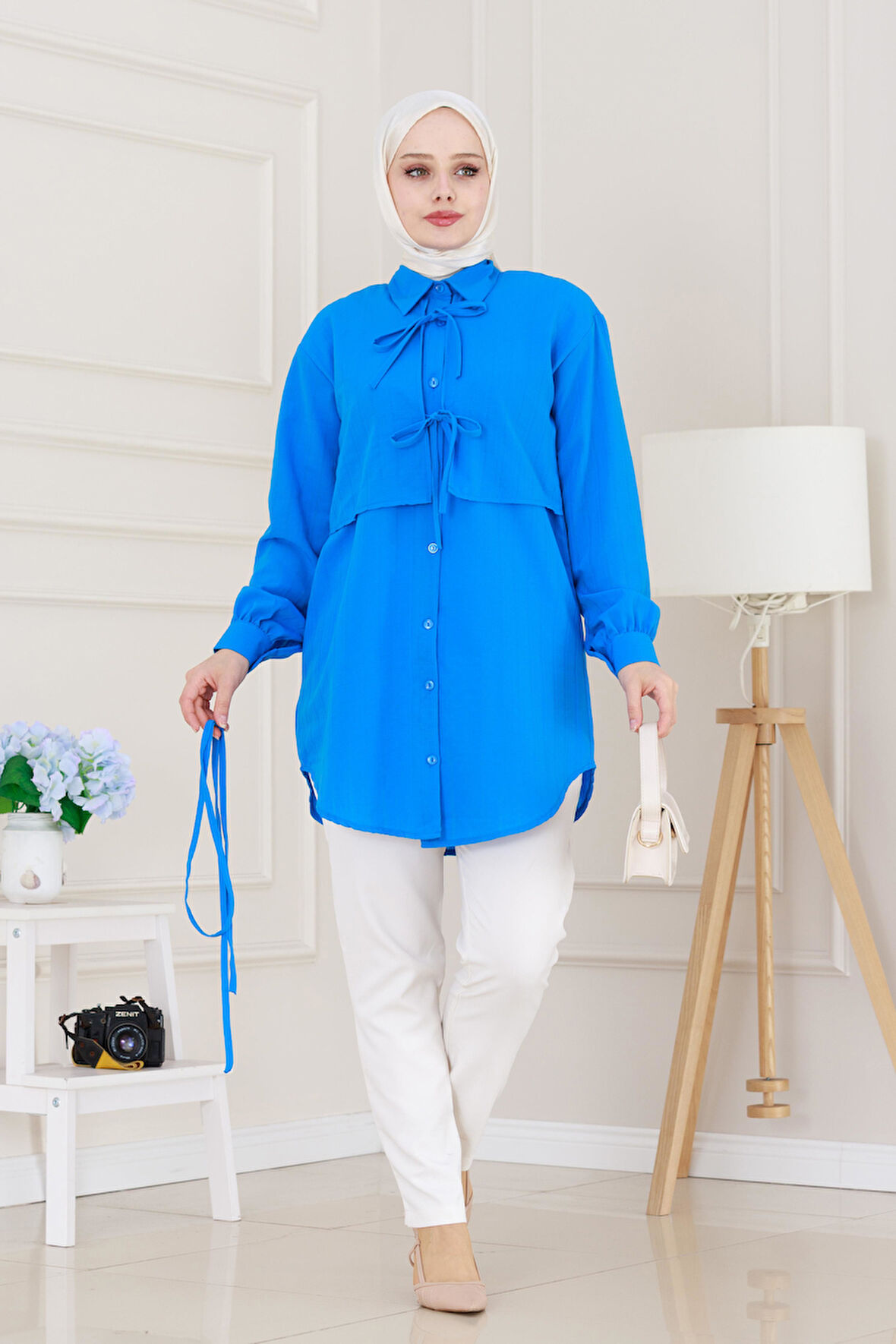 Cepken Detaylı Bağlamalı Keten Tunik-Mavi