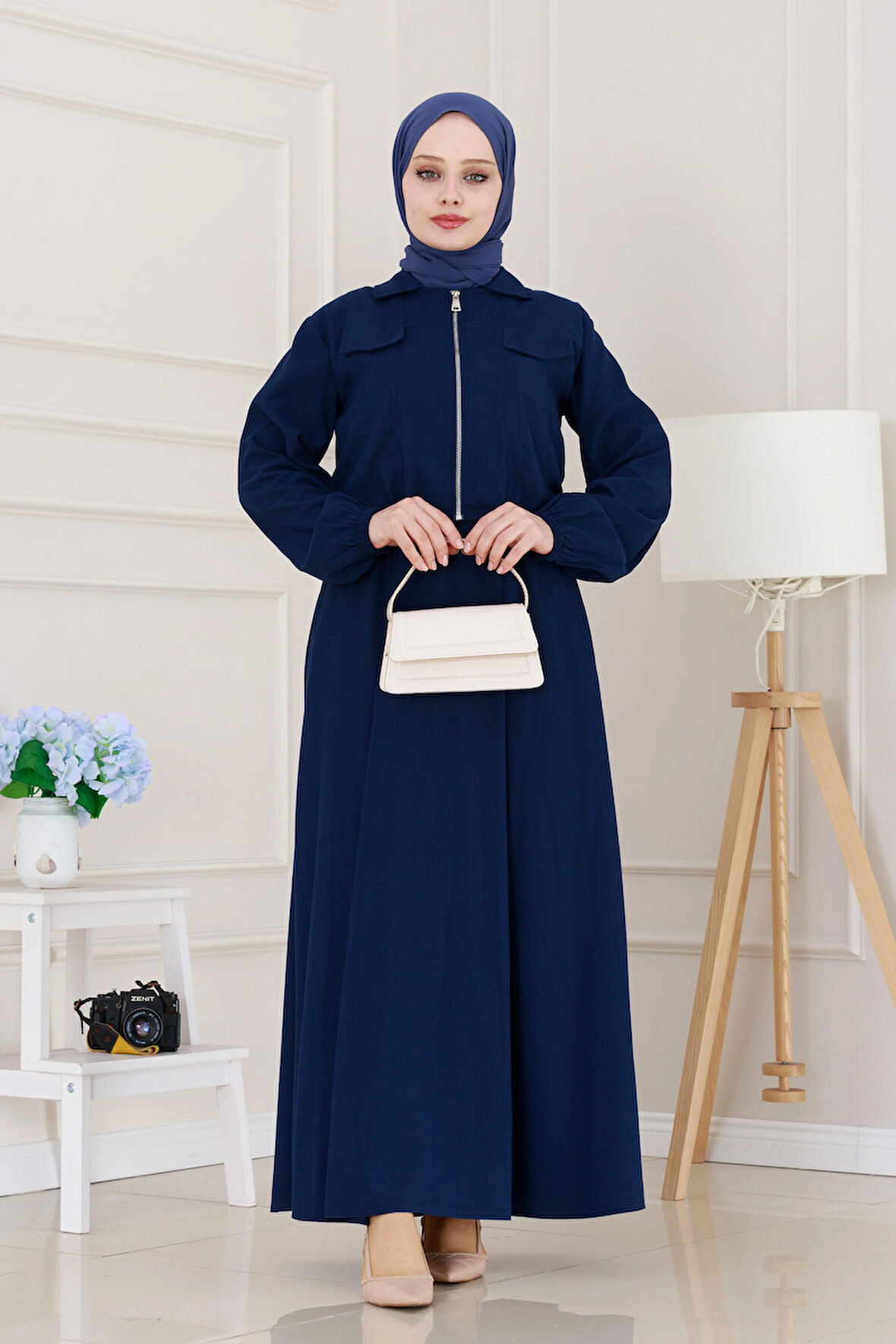 Fermuarlı Cepkenli Jile Elbise-Lacivert