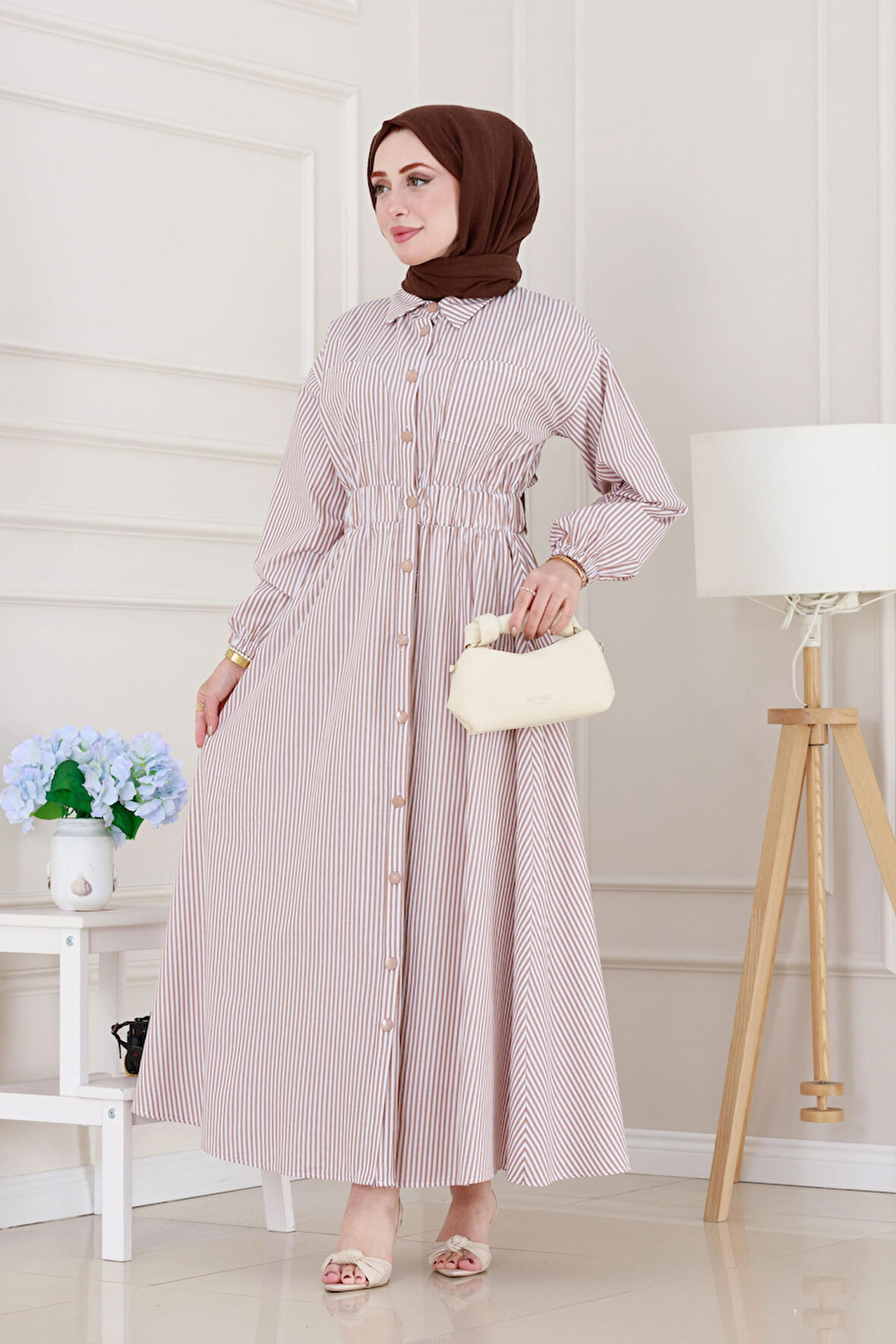 Boydan Düğmeli Çizgili Elbise-VİZON