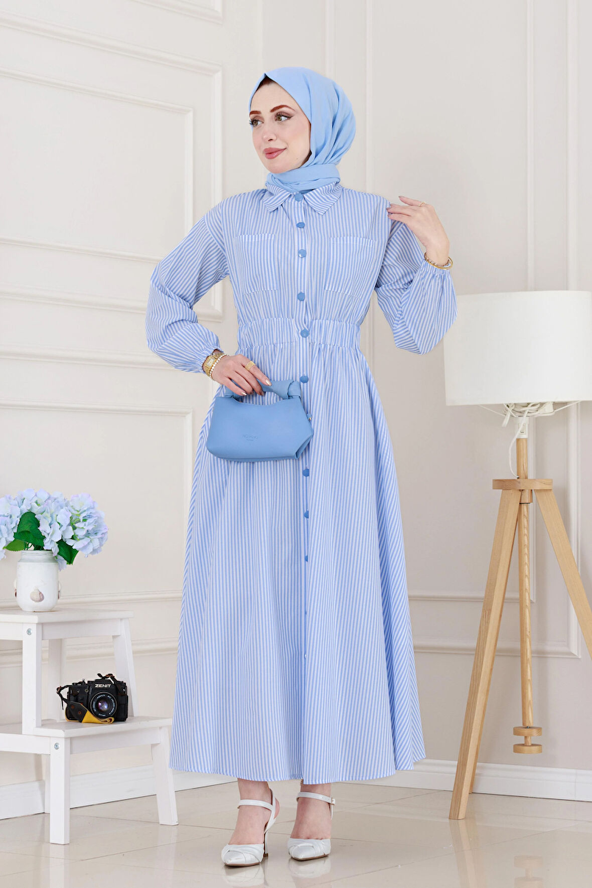 Boydan Düğmeli Çizgili Elbise-Bebe mavi