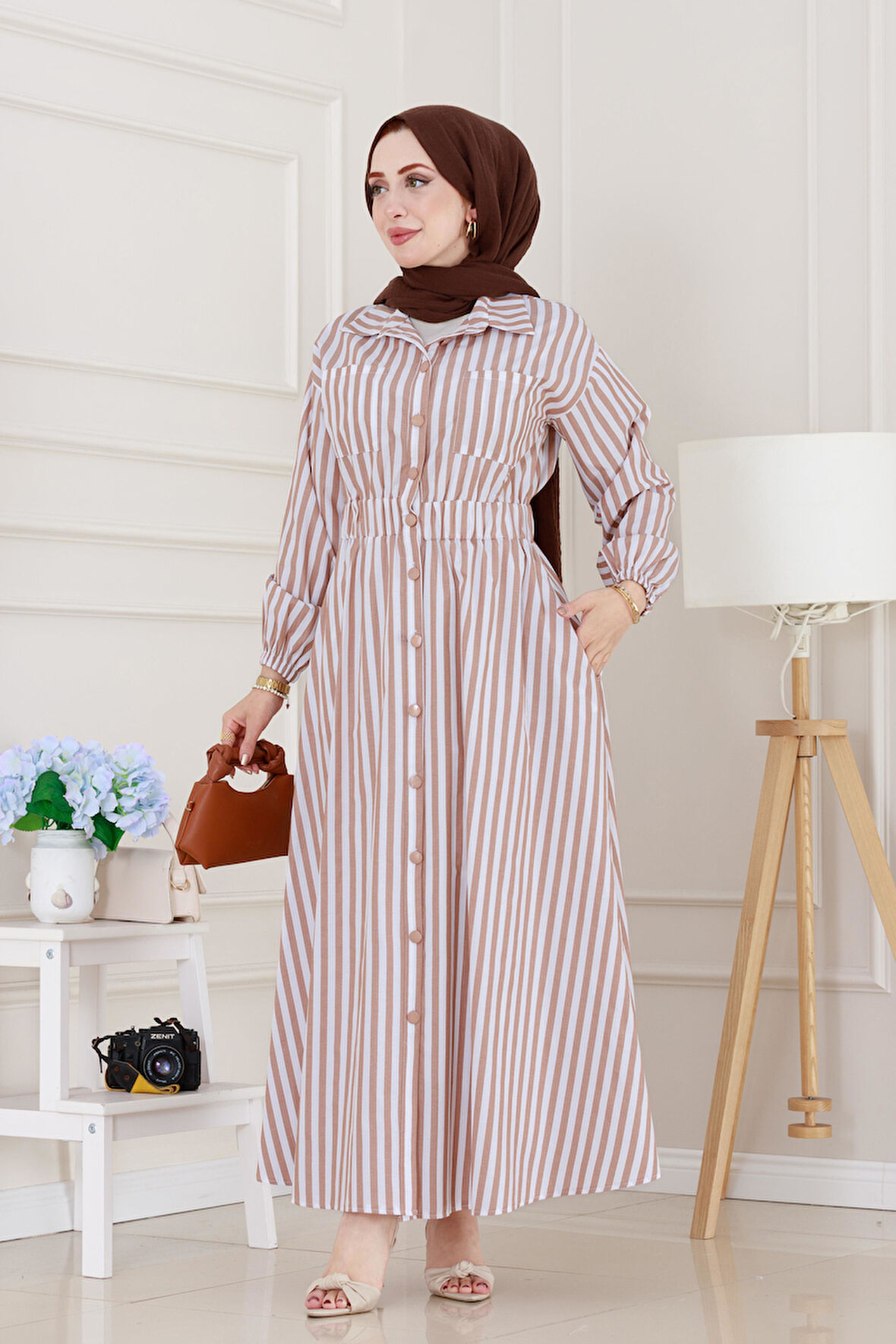 Çizgili Cepli Tesettür Elbise-VİZON