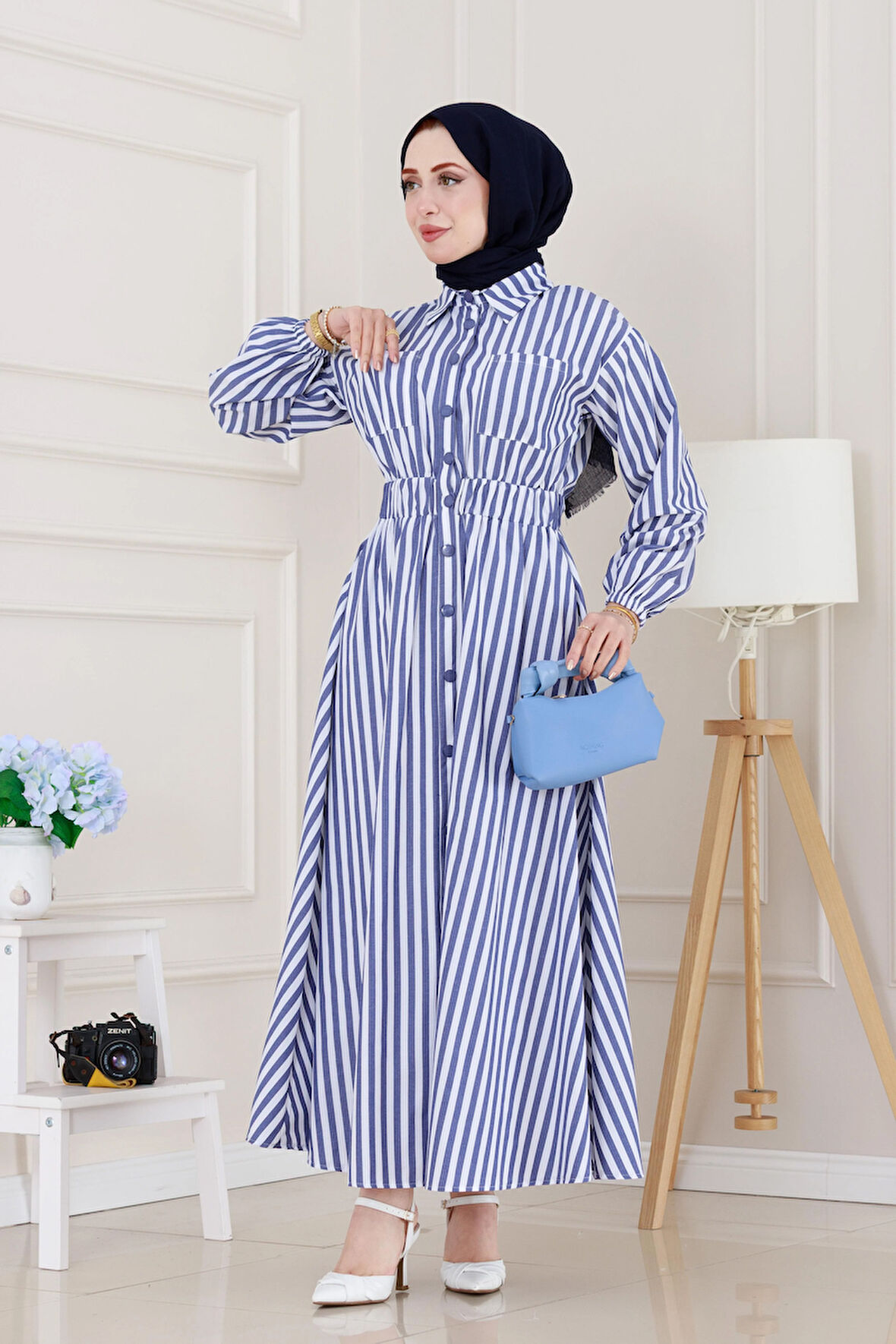 Çizgili Cepli Tesettür Elbise-Lacivert