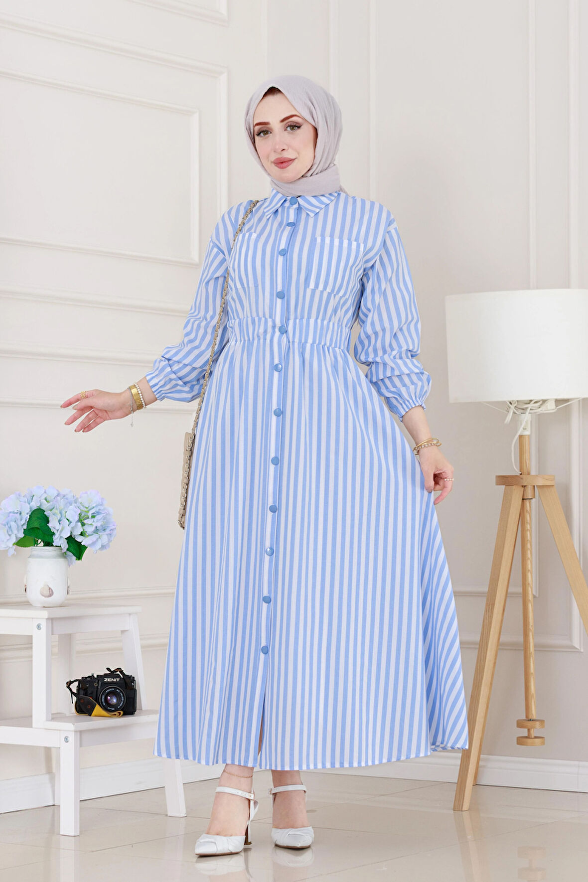 Çizgili Cepli Tesettür Elbise-Mavi