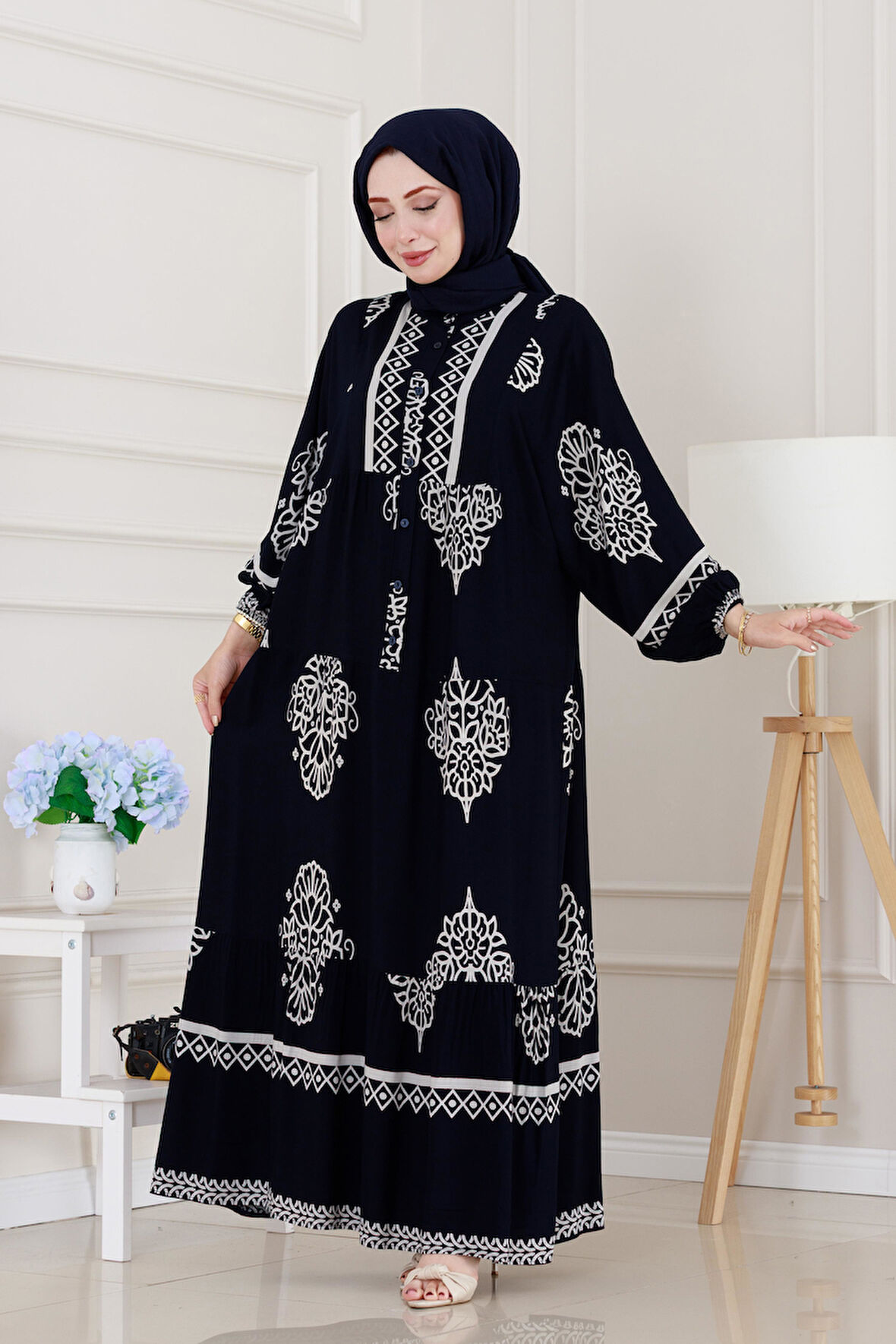 Yarım düğmeli Robalı Beyza Elbise-Lacivert