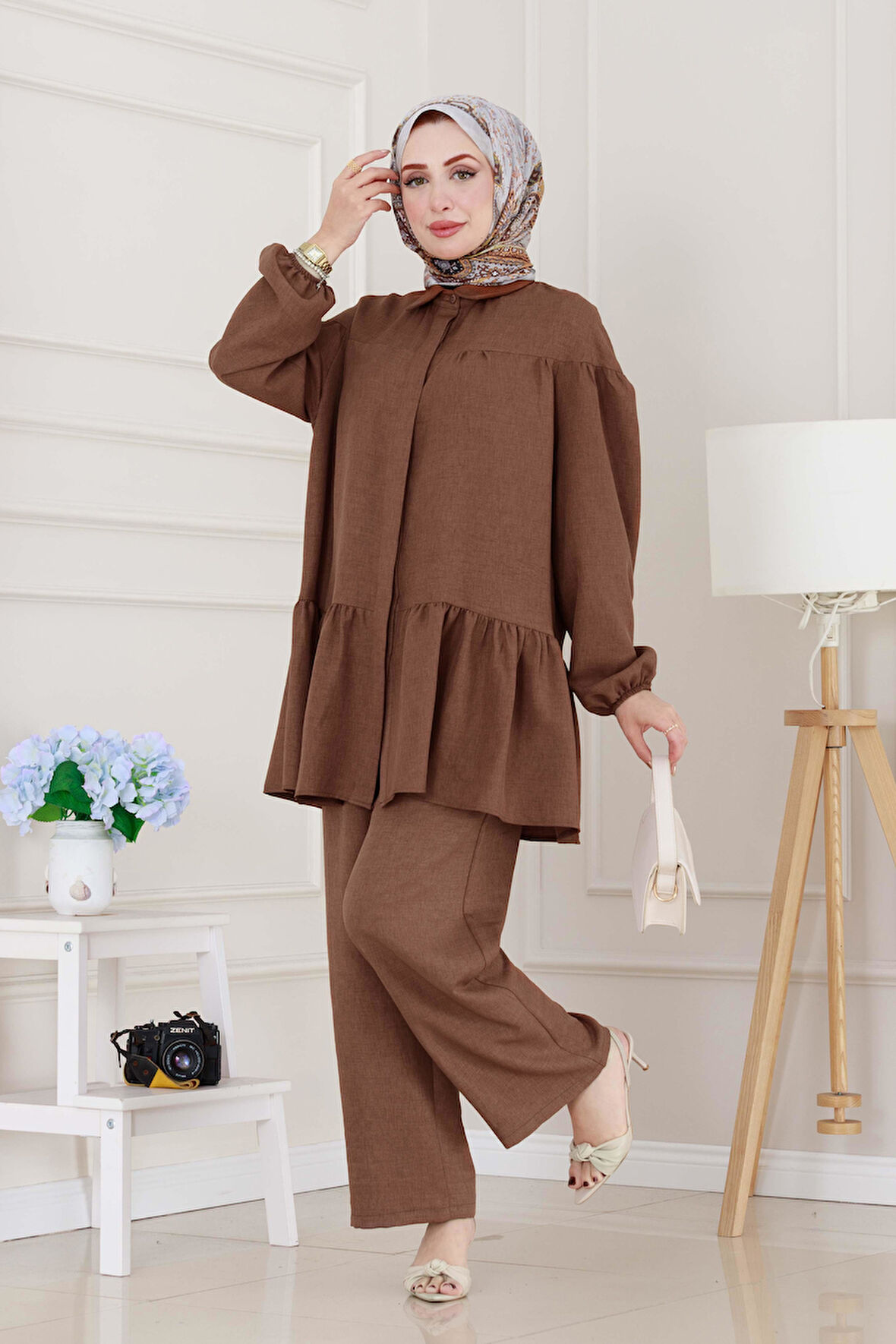 Eteği Volanlı Tunik Takım-Kahverengi