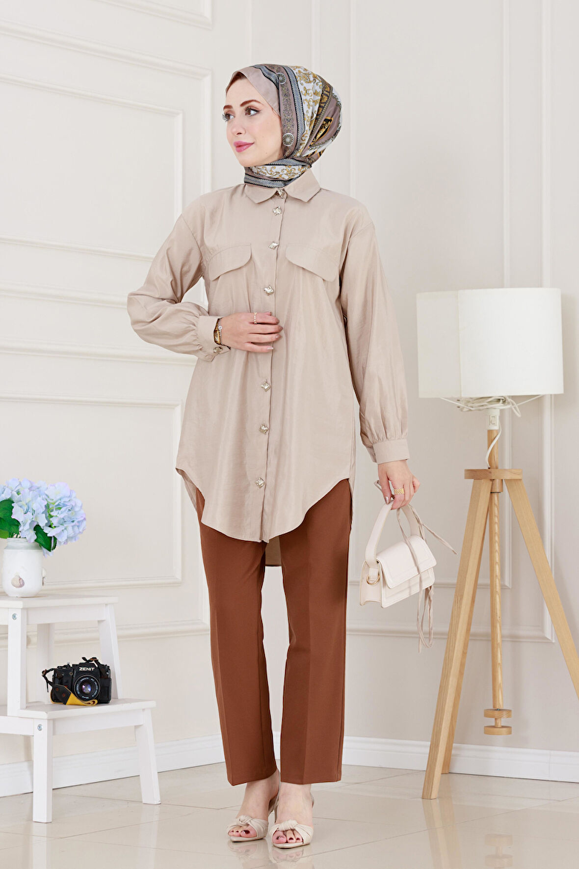 Cep Kapaklı Beli Bağcıklı Tunik-VİZON