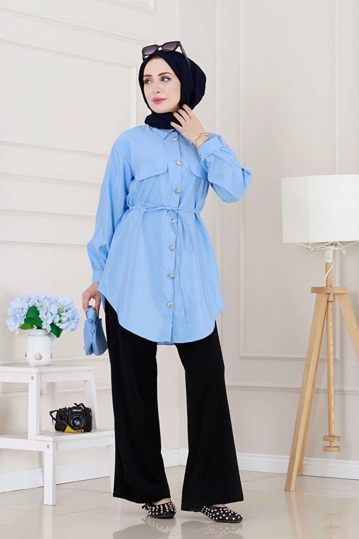 Cep Kapaklı Beli Bağcıklı Tunik-Bebe mavi