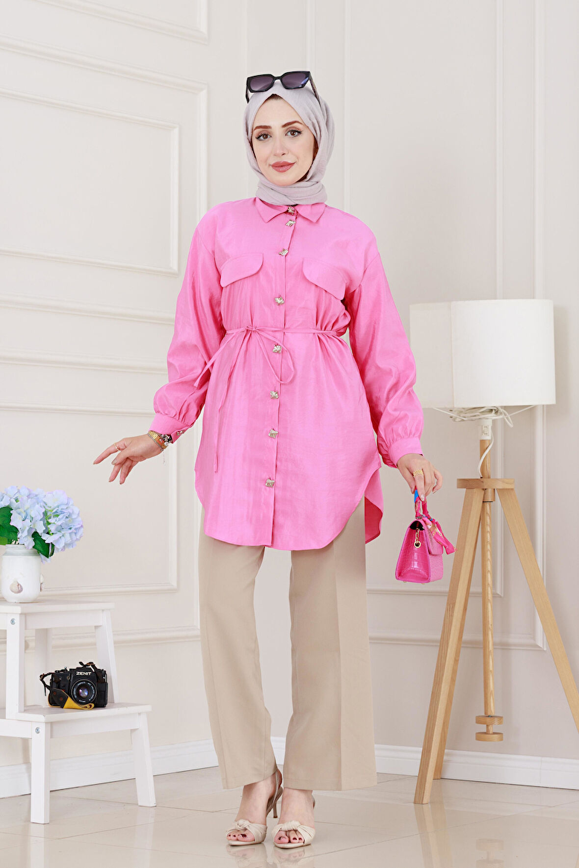 Cep Kapaklı Beli Bağcıklı Tunik-Pembe