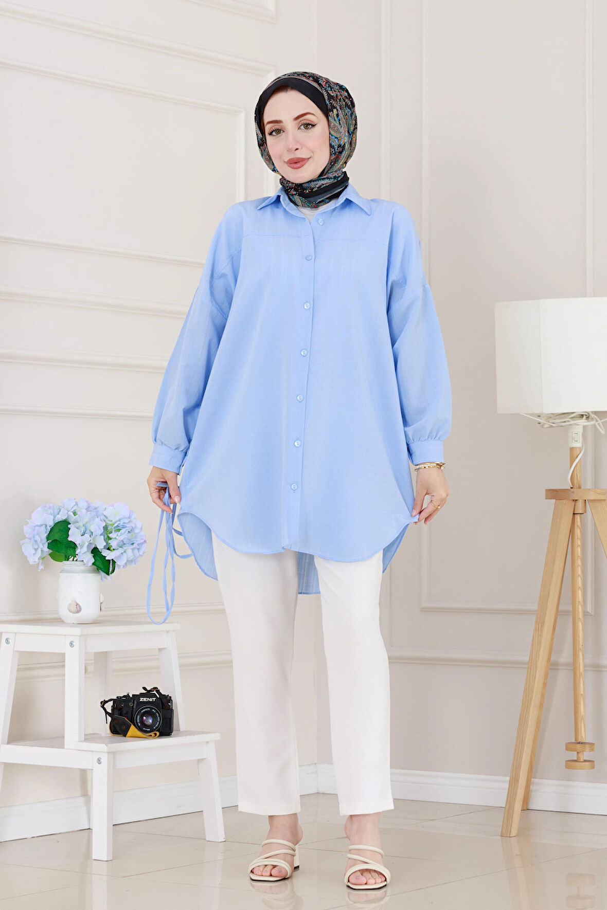 Önü Ekli Bol Kalıp Tunik-Bebe mavi