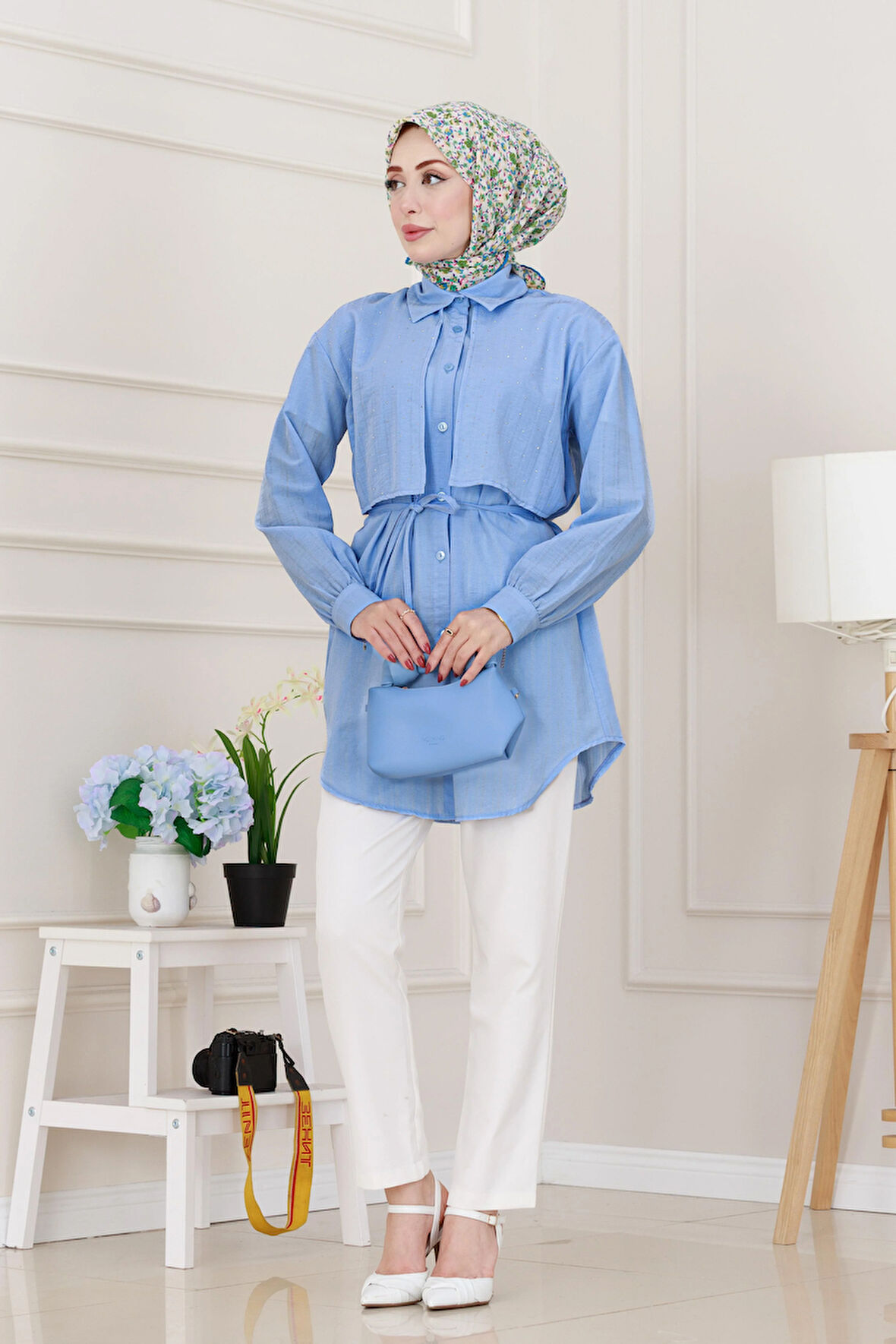 Beli Bağcıklı Allerli Taşlı Tunik-Bebe mavi