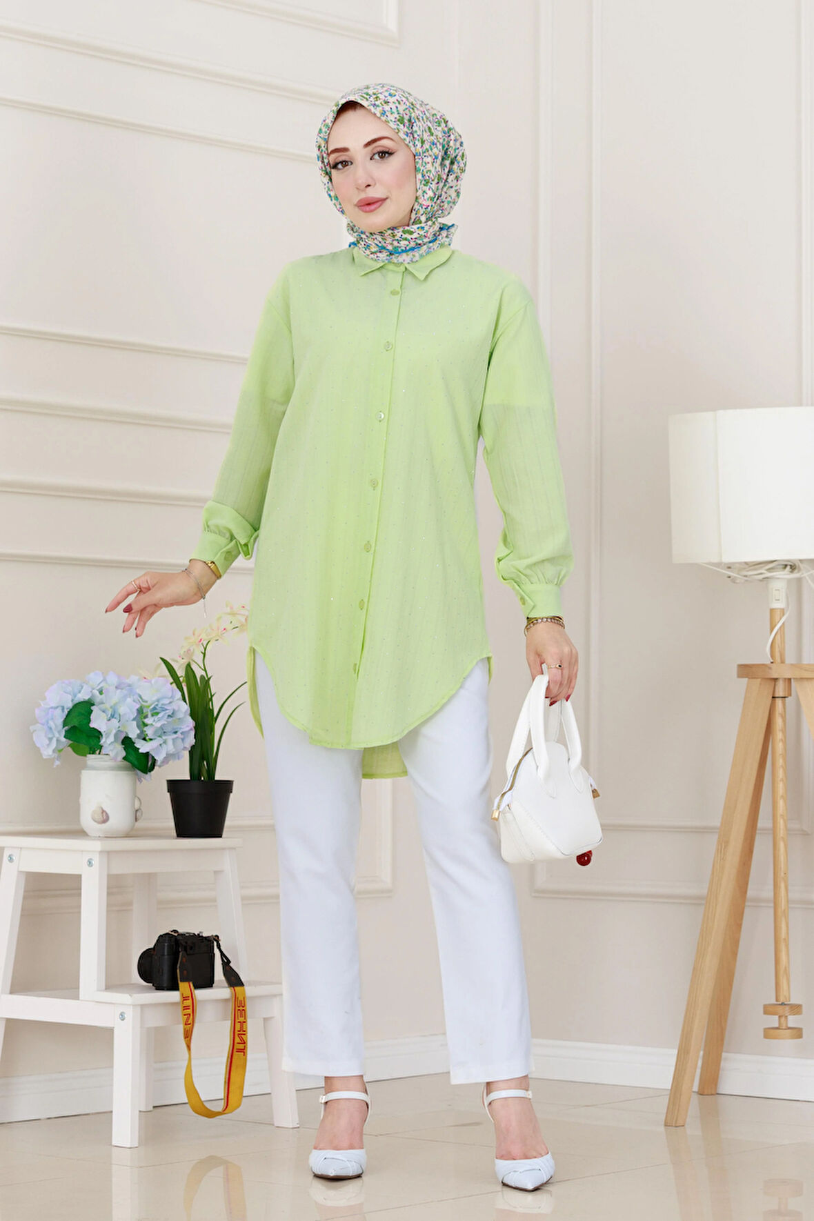 Göğüsü Taş Detaylı Oversize Tunik-Sarı