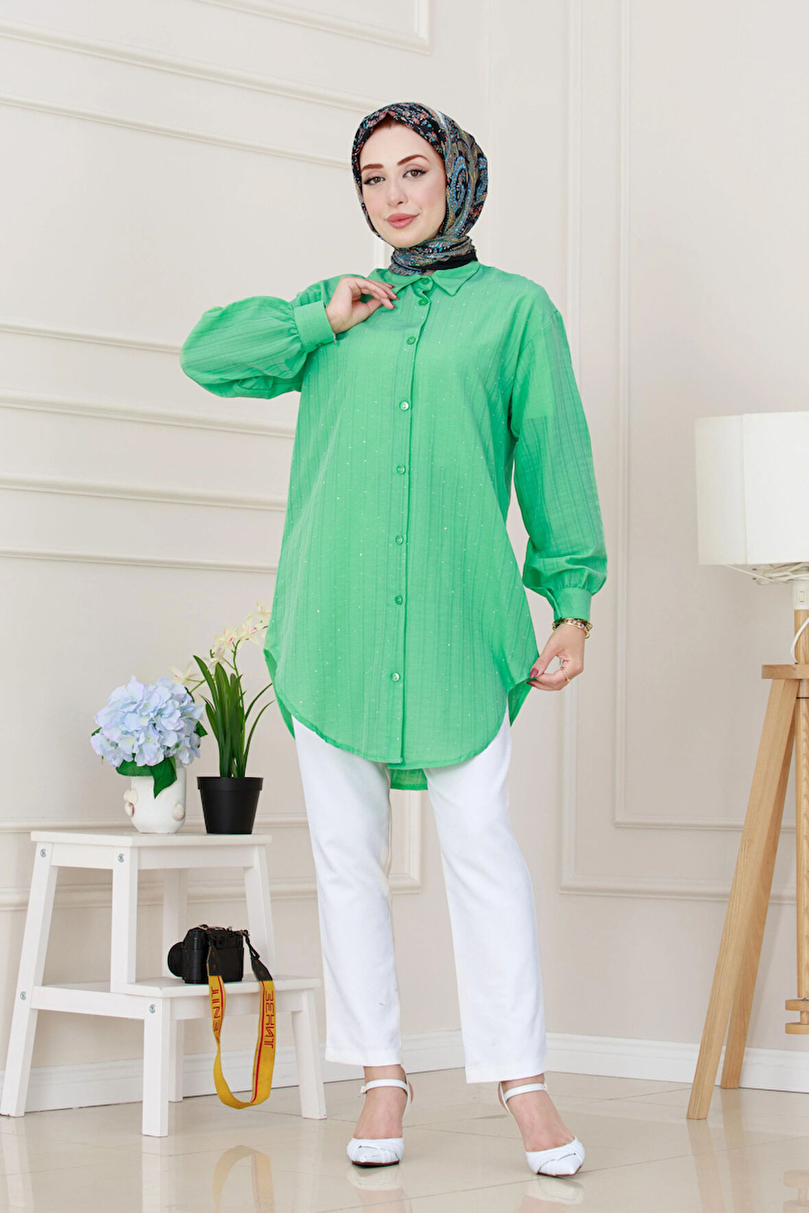 Göğüsü Taş Detaylı Oversize Tunik-Su Yeşili