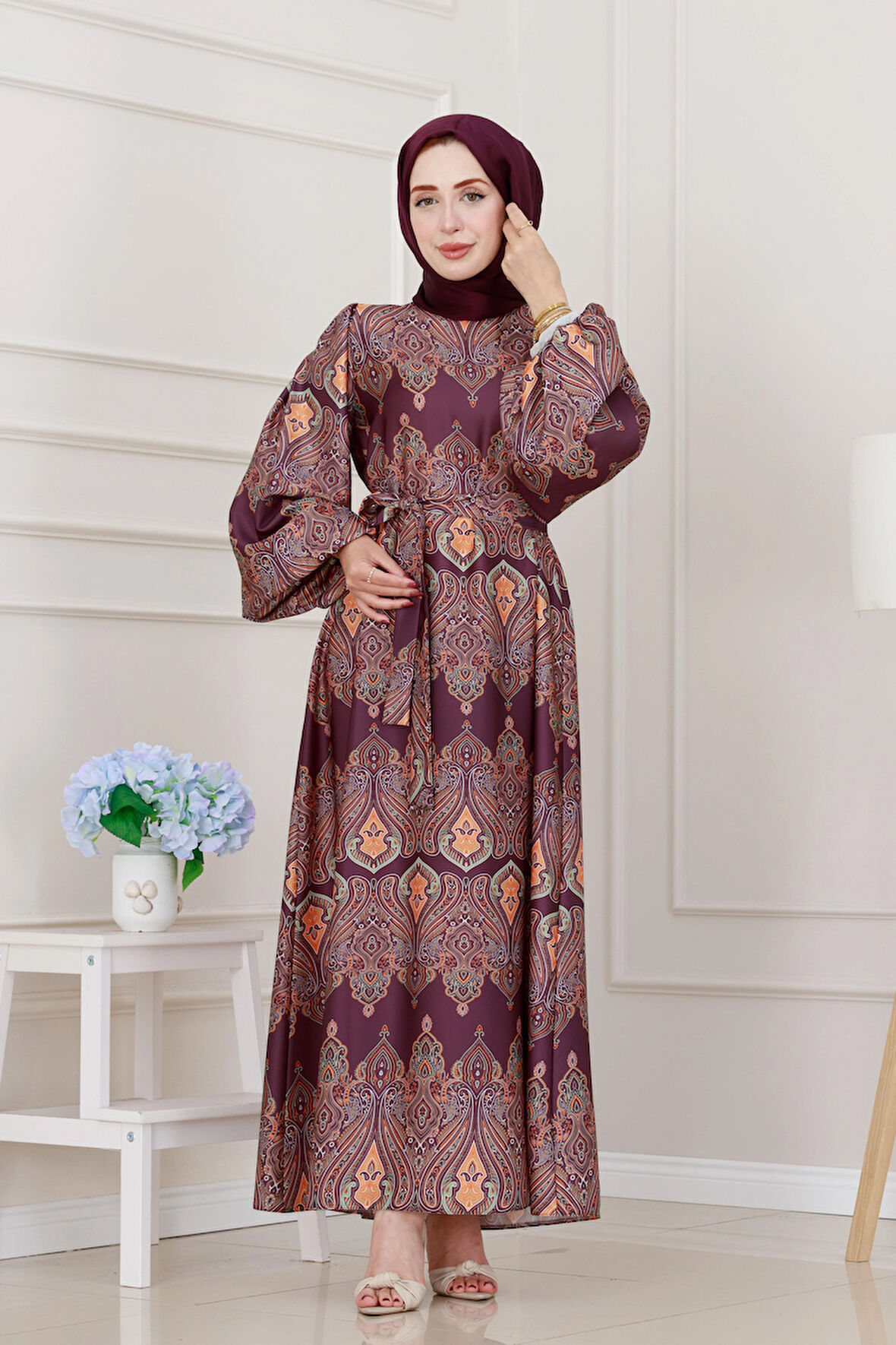 Balon Kol Saten Adel Elbise-Mor