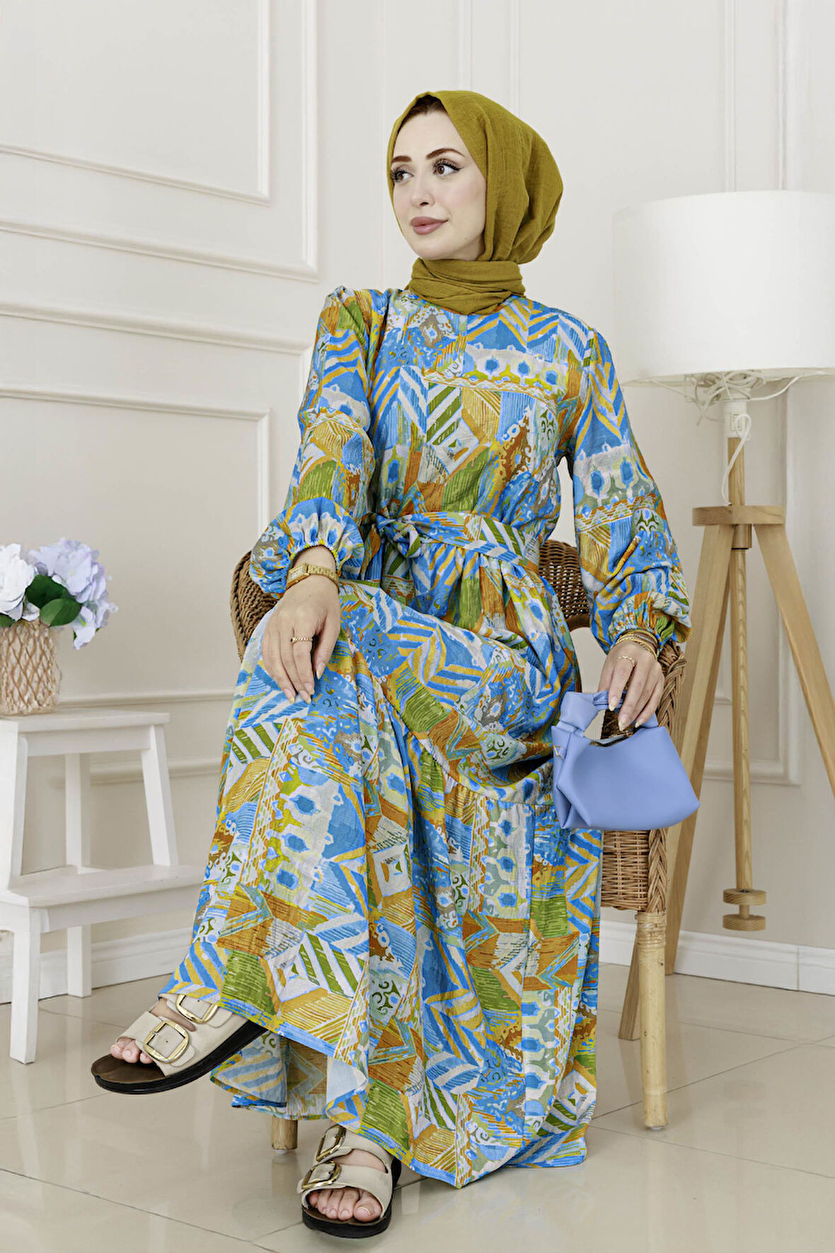 Etnik Desenli Kuşaklı Prenses Elbise-Mavi