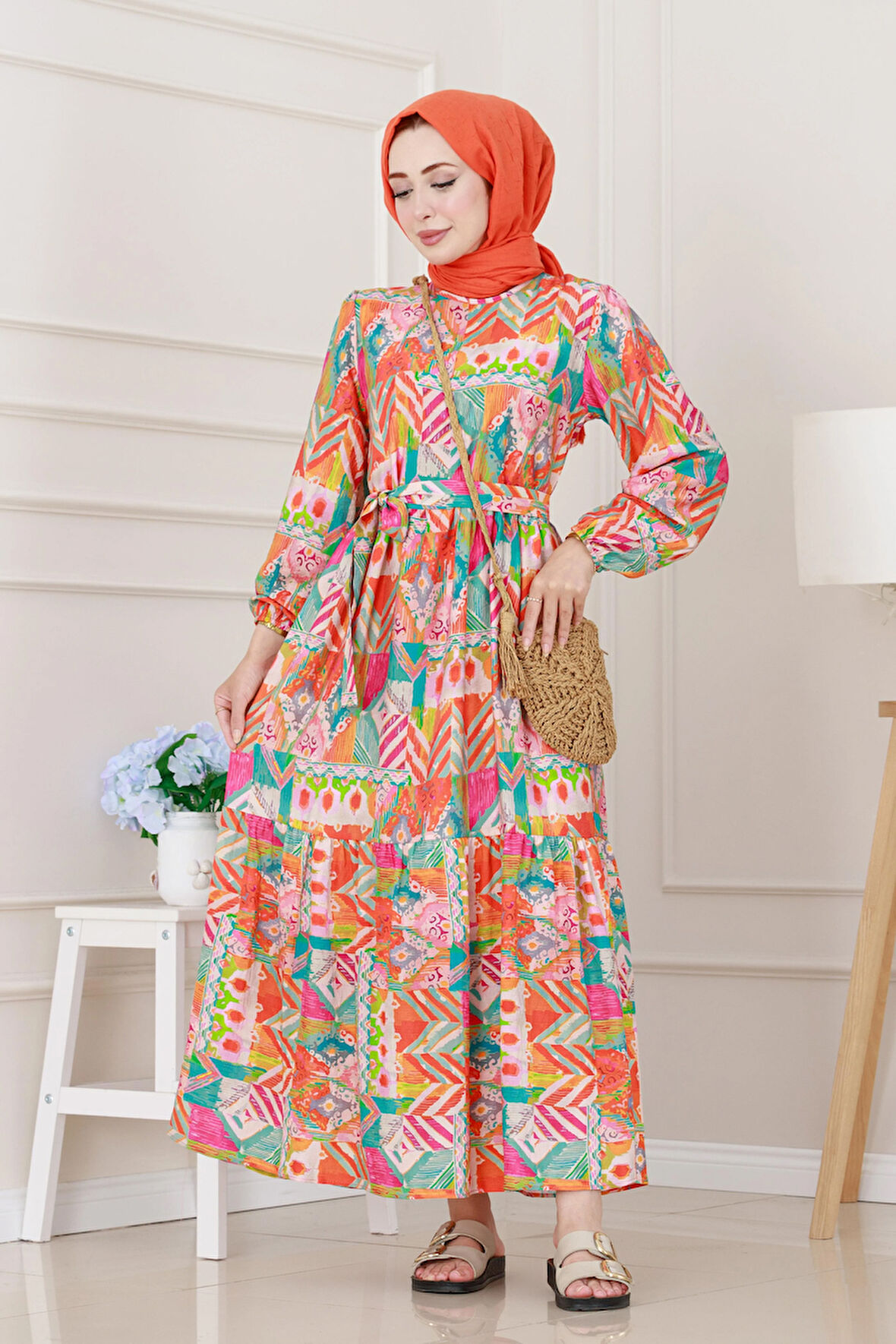 Etnik Desenli Kuşaklı Prenses Elbise-Turuncu