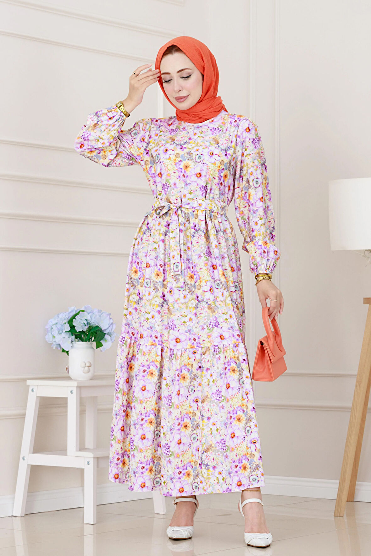 Çiçekli Kumsal Elbise-Lila