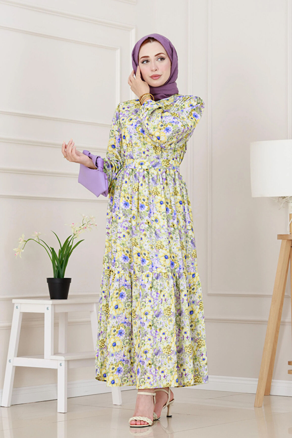 Çiçekli Kumsal Elbise-Yeşil