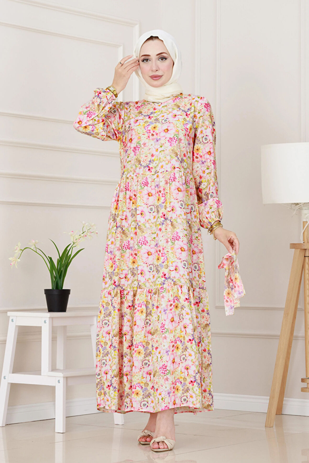 Çiçekli Kumsal Elbise-Pembe