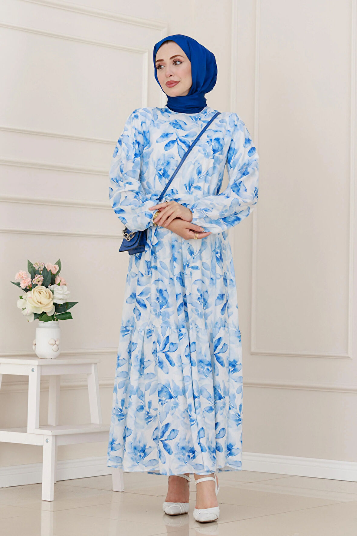 Yarım Düğmeli Lotus Elbise-Mavi