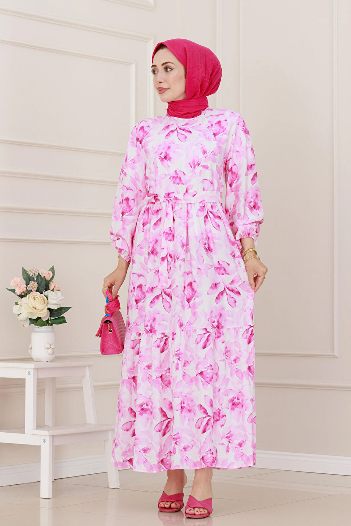 Yarım Düğmeli Lotus Elbise-Pembe