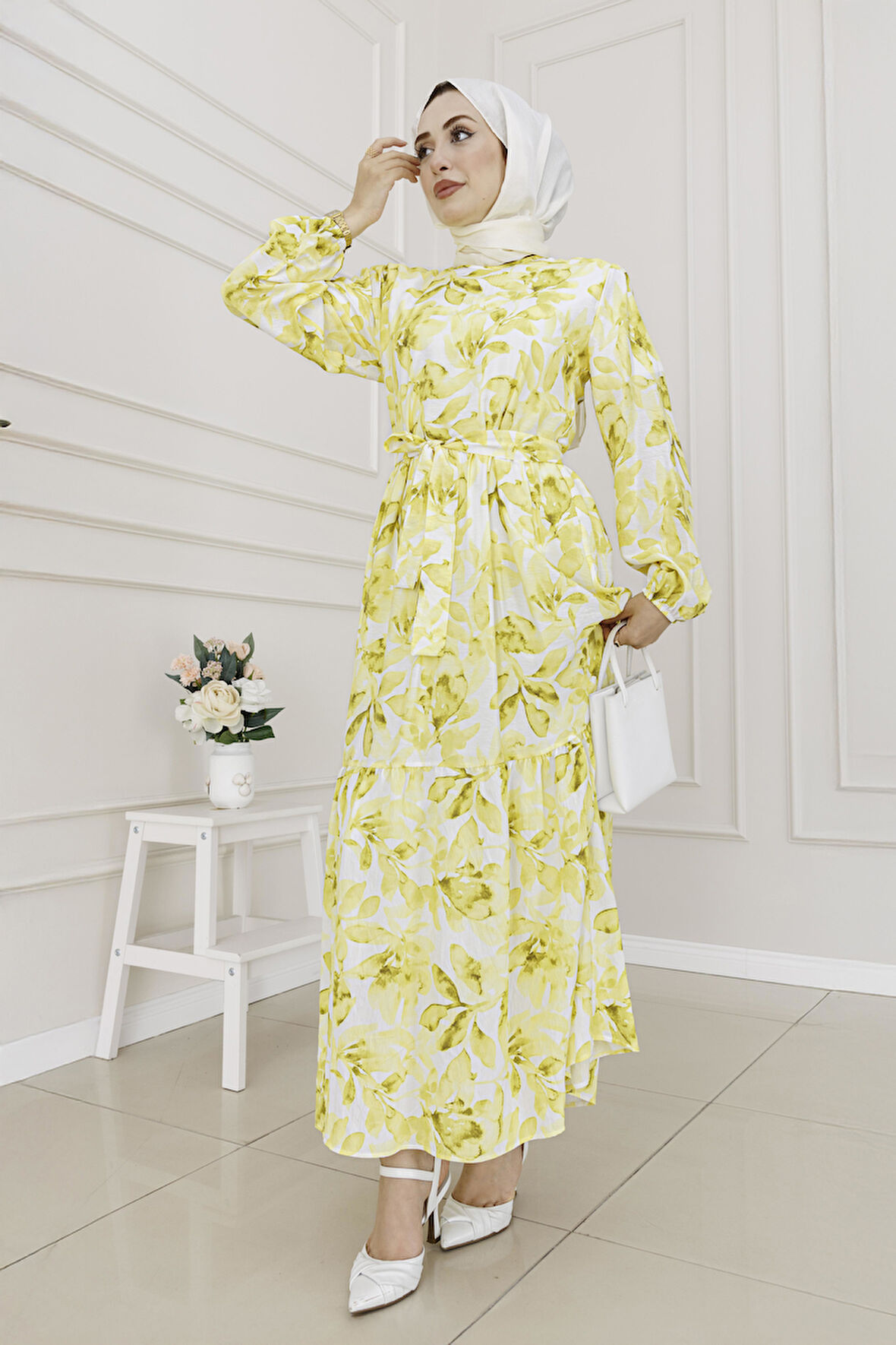 Yarım Düğmeli Lotus Elbise-Sarı