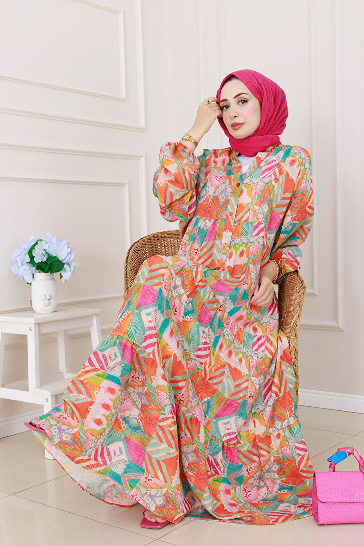 Etnik Desen Robalı Elbise-Turuncu