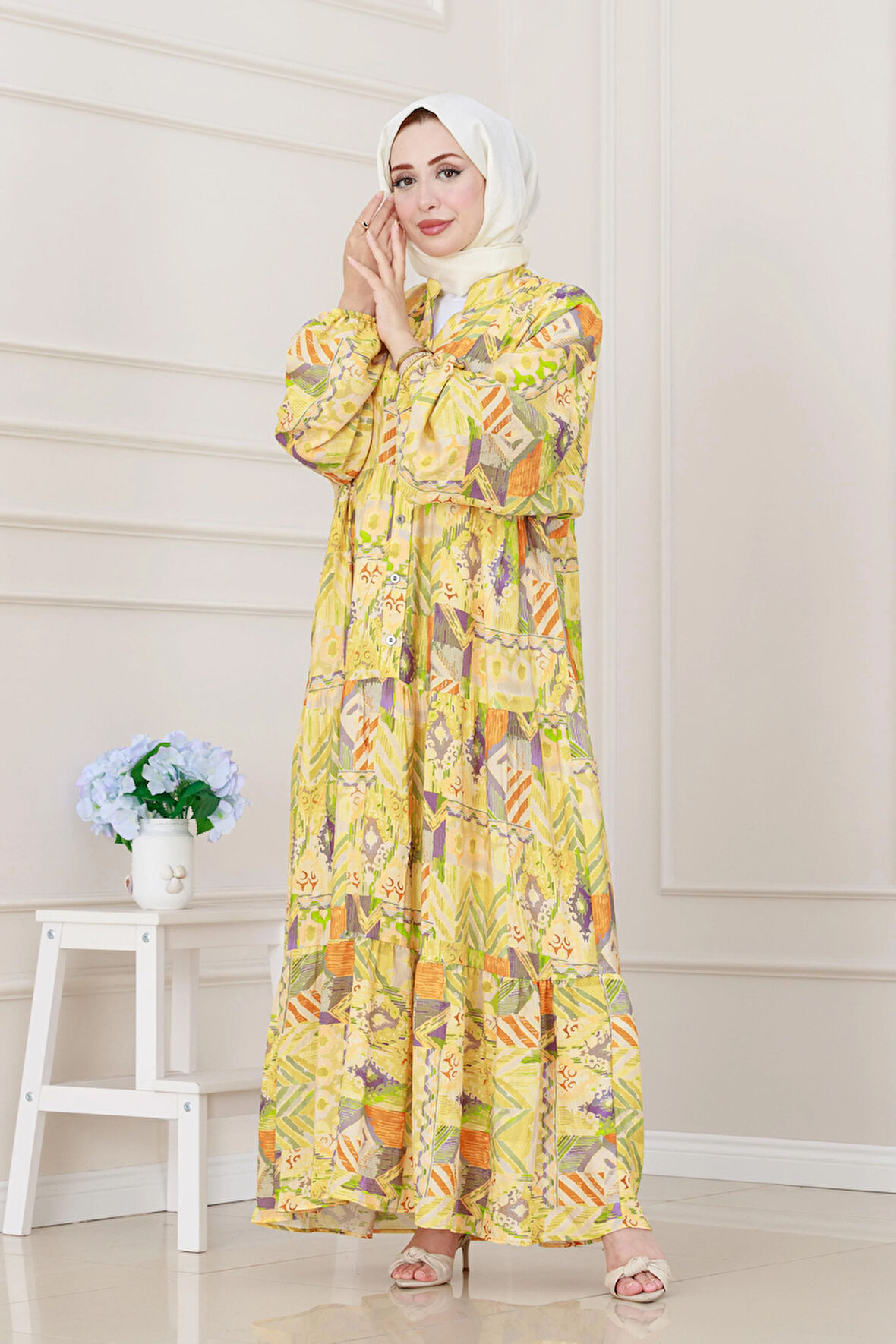 Etnik Desen Robalı Elbise-Sarı