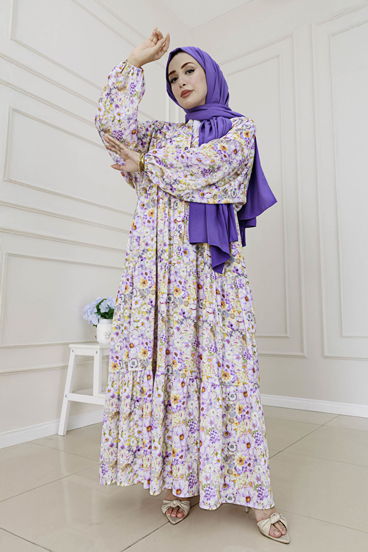 Lilyum Çiçekli Elbise-Mor