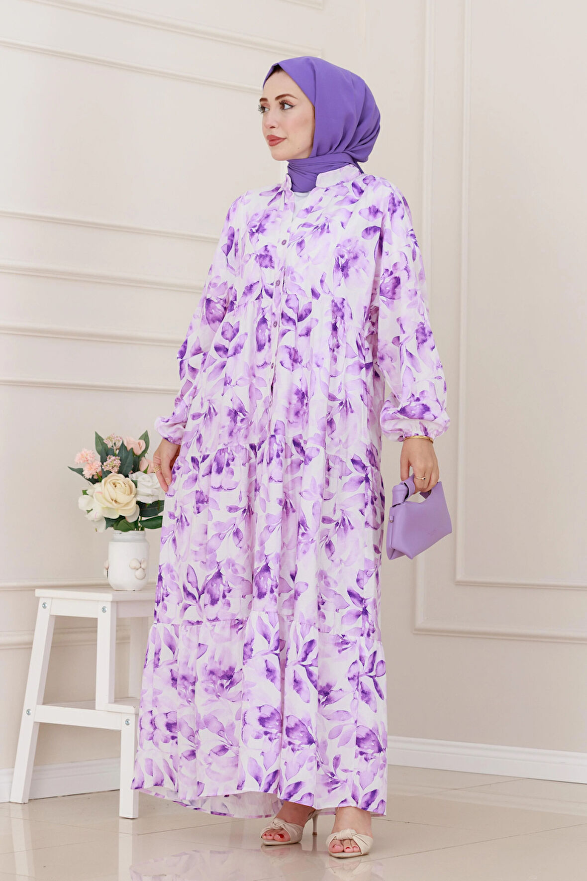 Kuşaklı Çiçekli Lina Elbise-Mor