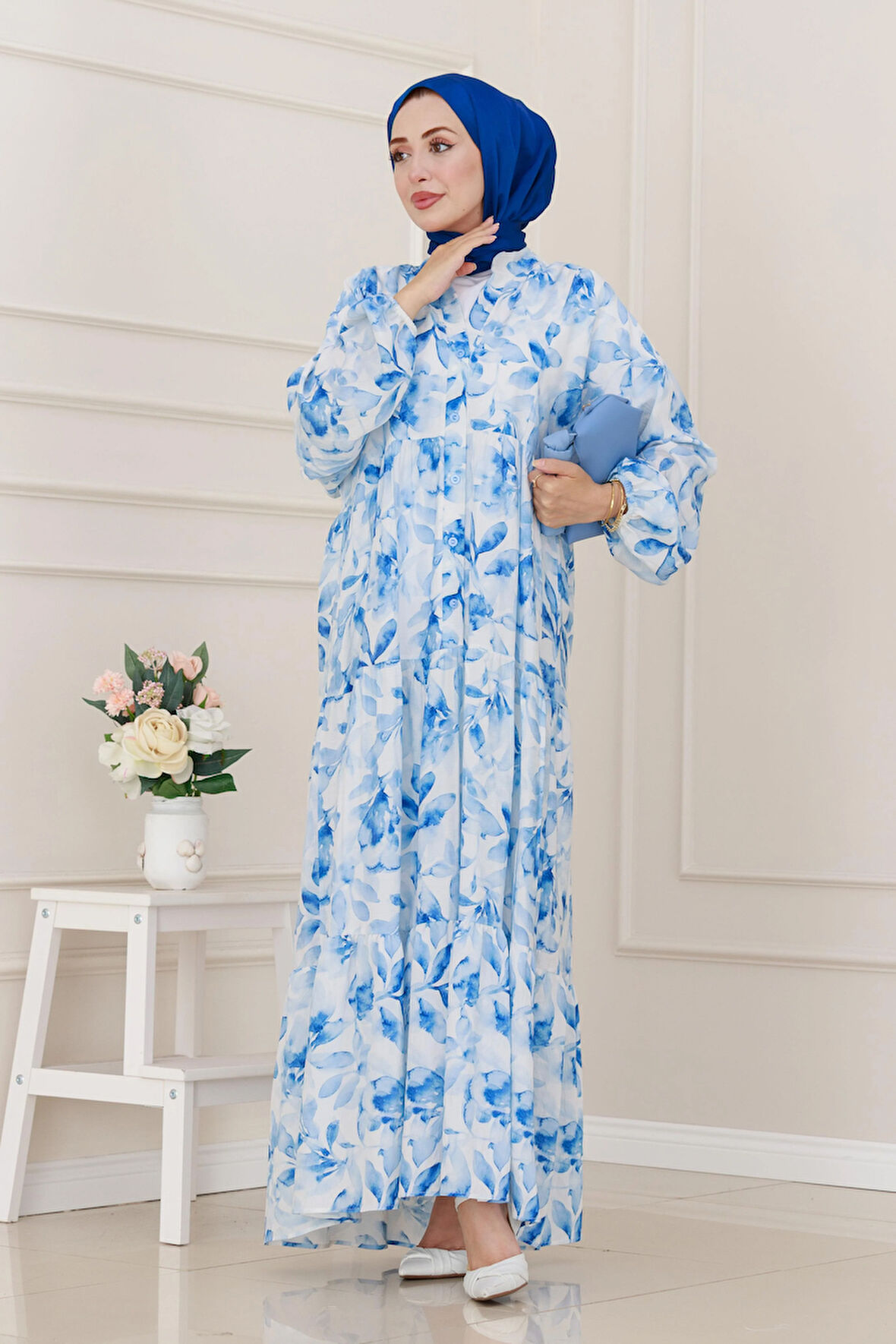 Kuşaklı Çiçekli Lina Elbise-Mavi