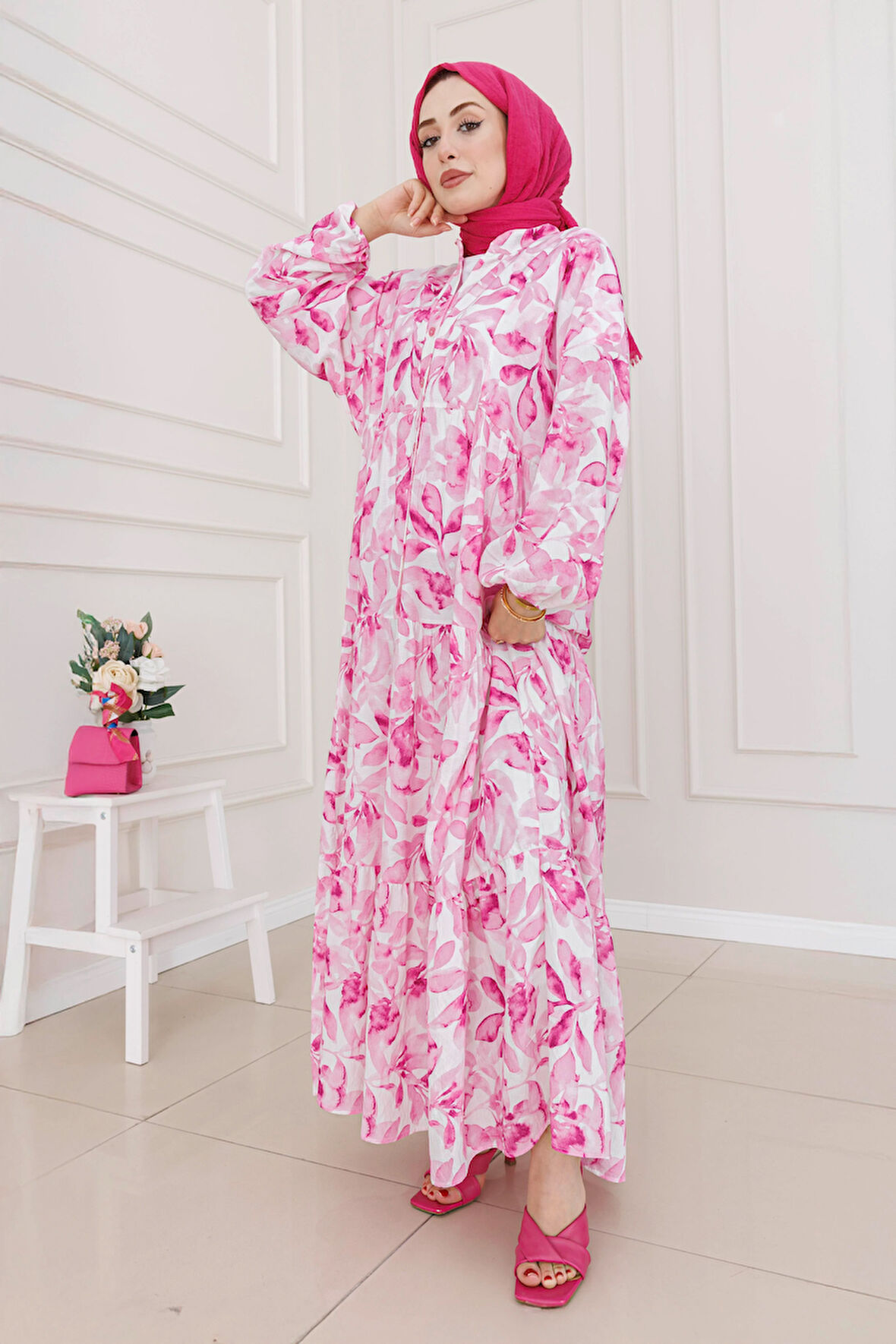 Kuşaklı Çiçekli Lina Elbise-Pembe