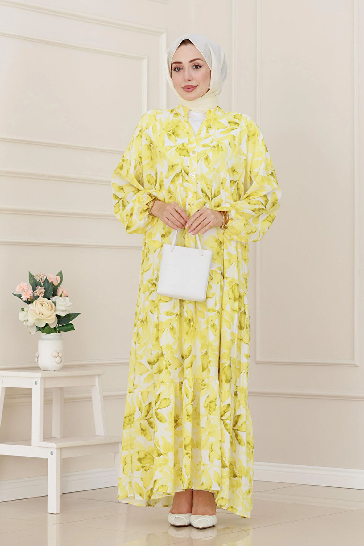 Kuşaklı Çiçekli Lina Elbise-Sarı