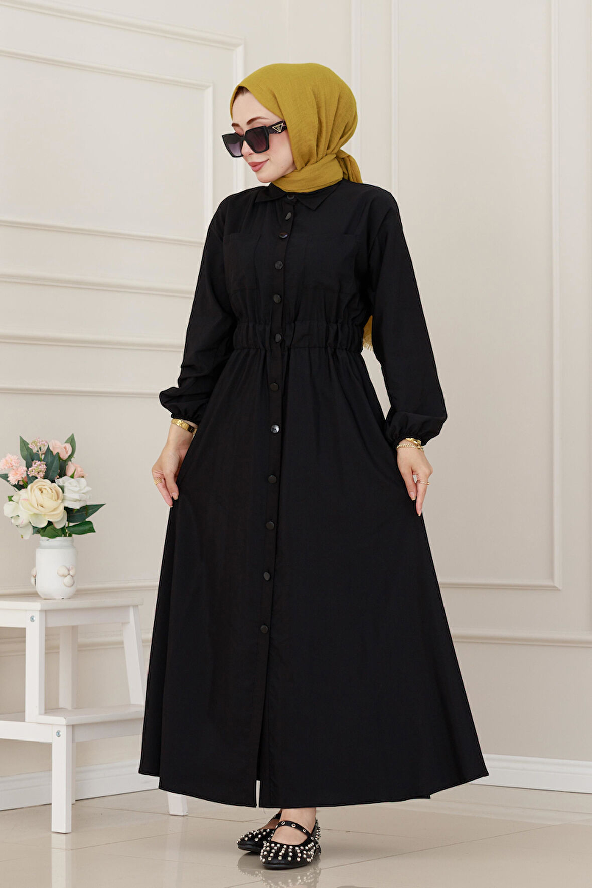 Beli Lastikli Cepli Yasmin Elbise-Siyah