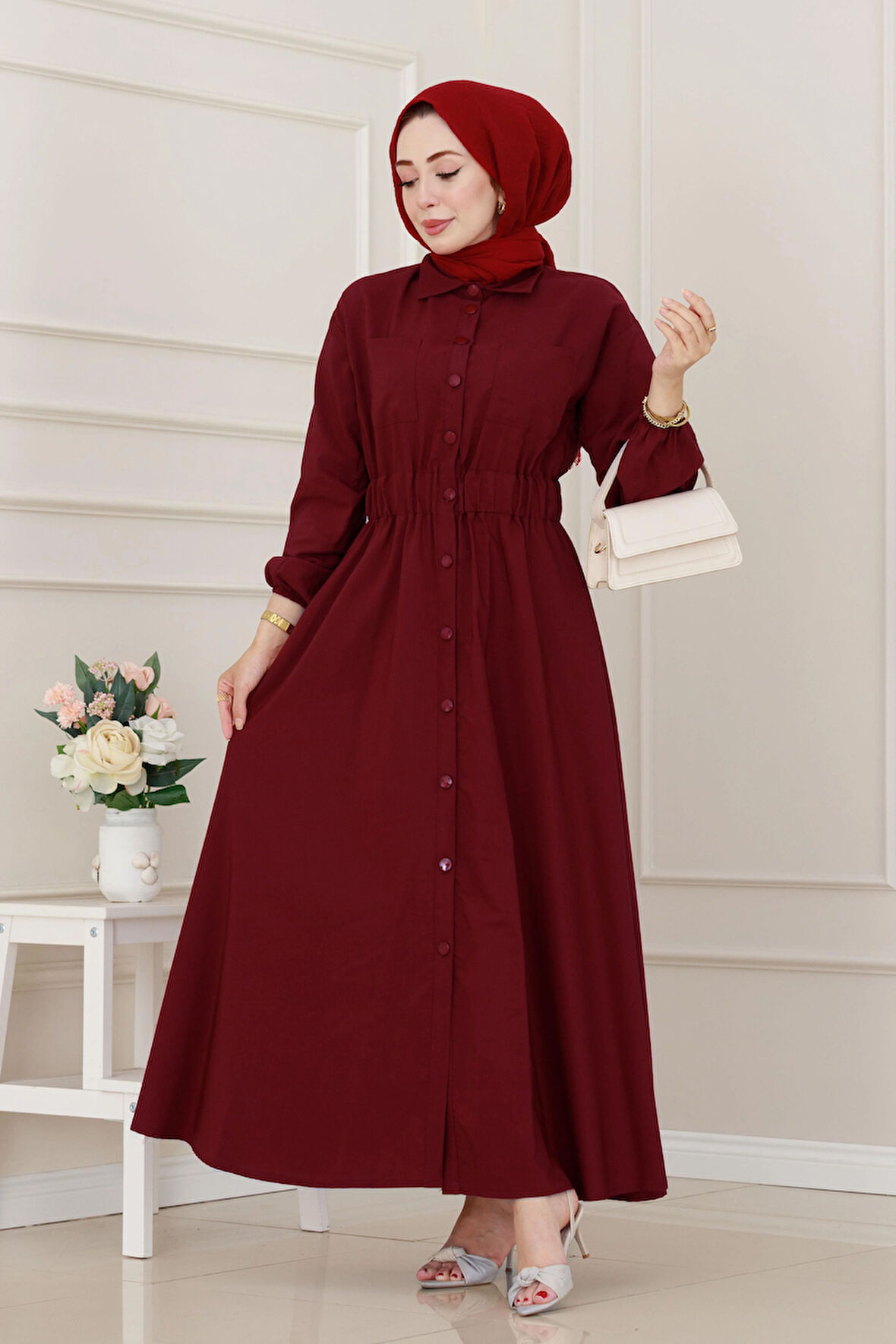 Beli Lastikli Cepli Yasmin Elbise-Bordo