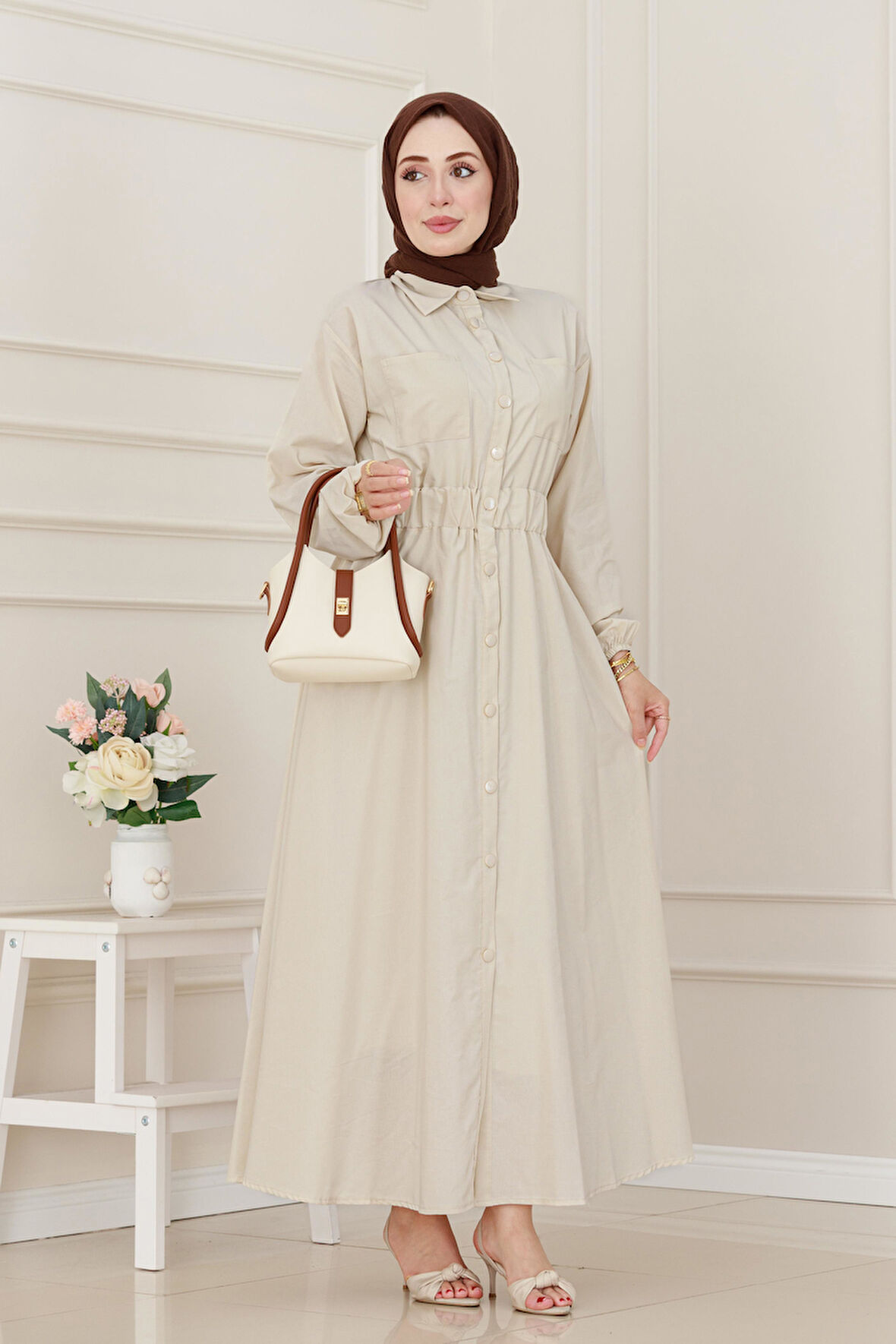 Beli Lastikli Cepli Yasmin Elbise-Bej