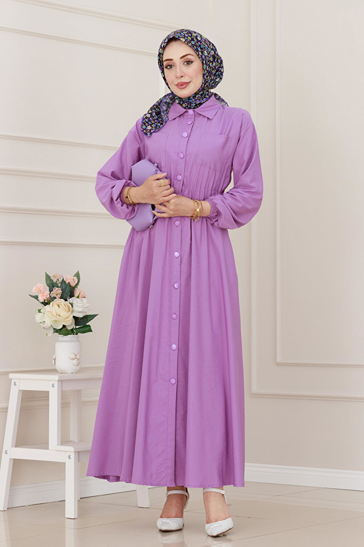 Beli Lastikli Cepli Yasmin Elbise-Lila