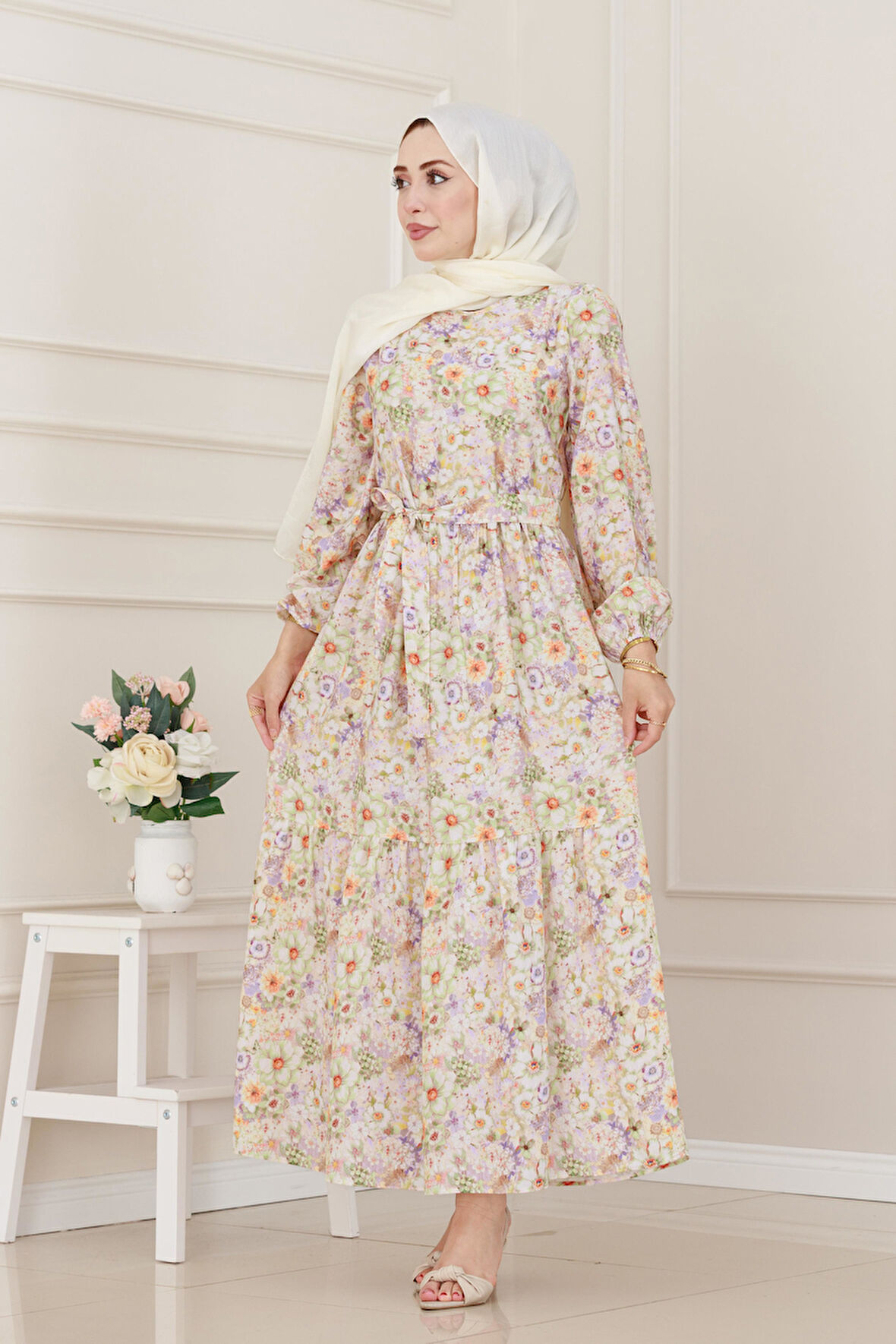 Çiçekli Kumsal Elbise-Kahverengi