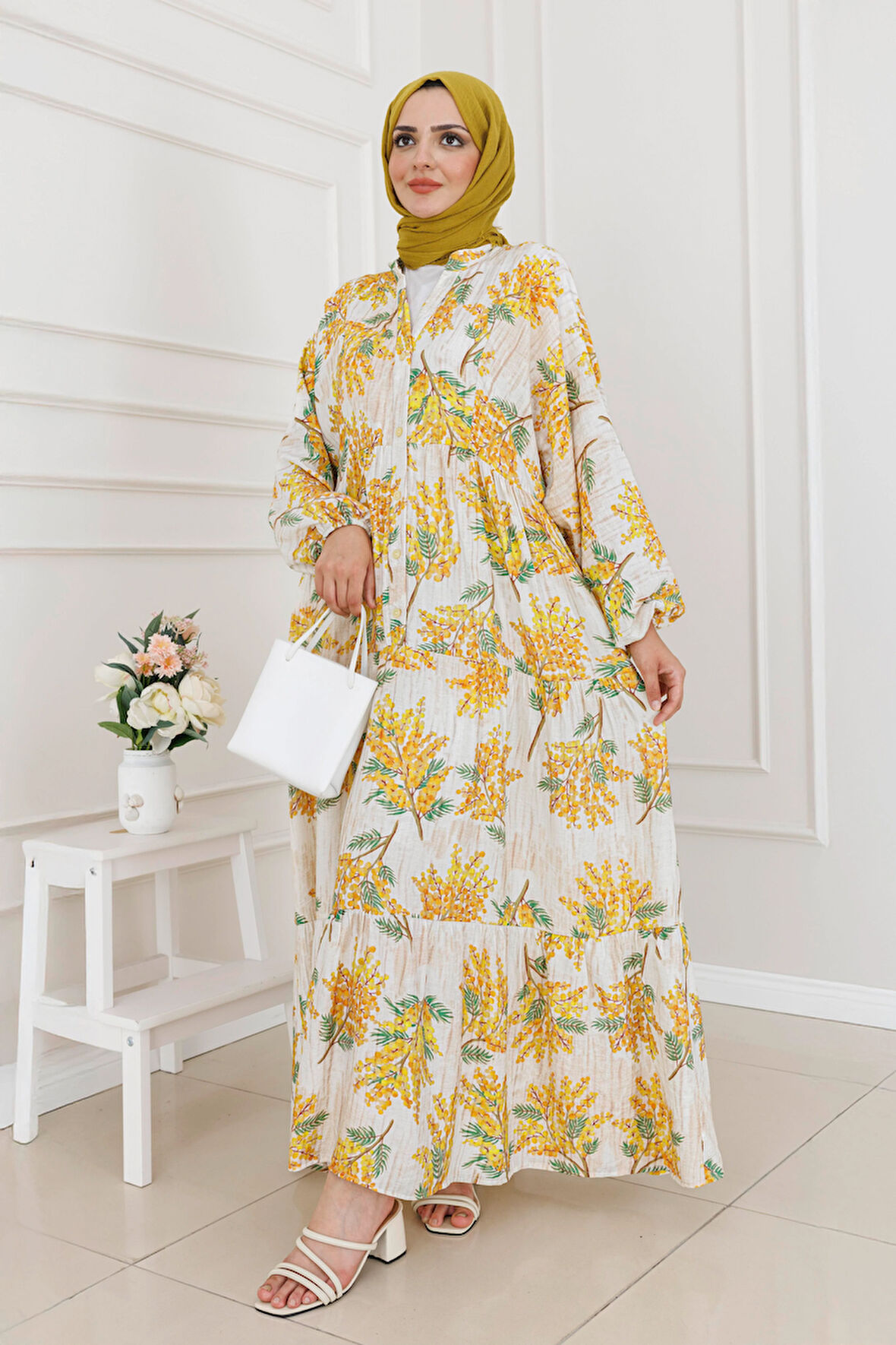 Mimoza Desenli Yarım Düğmeli Robalı Elbise-Sarı