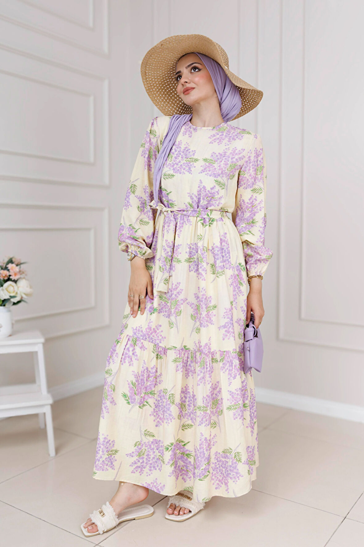 Mimoza Desenli Kuşaklı Prenses Elbise-Lila