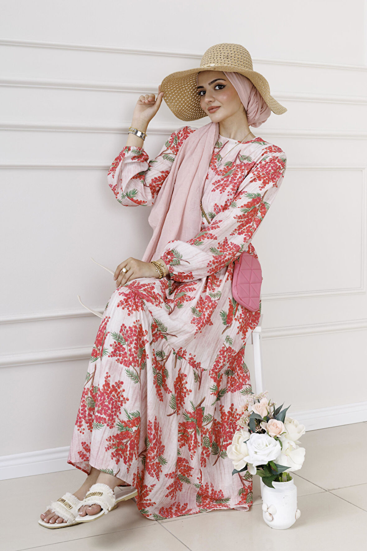 Mimoza Desenli Kuşaklı Prenses Elbise-Fuşya