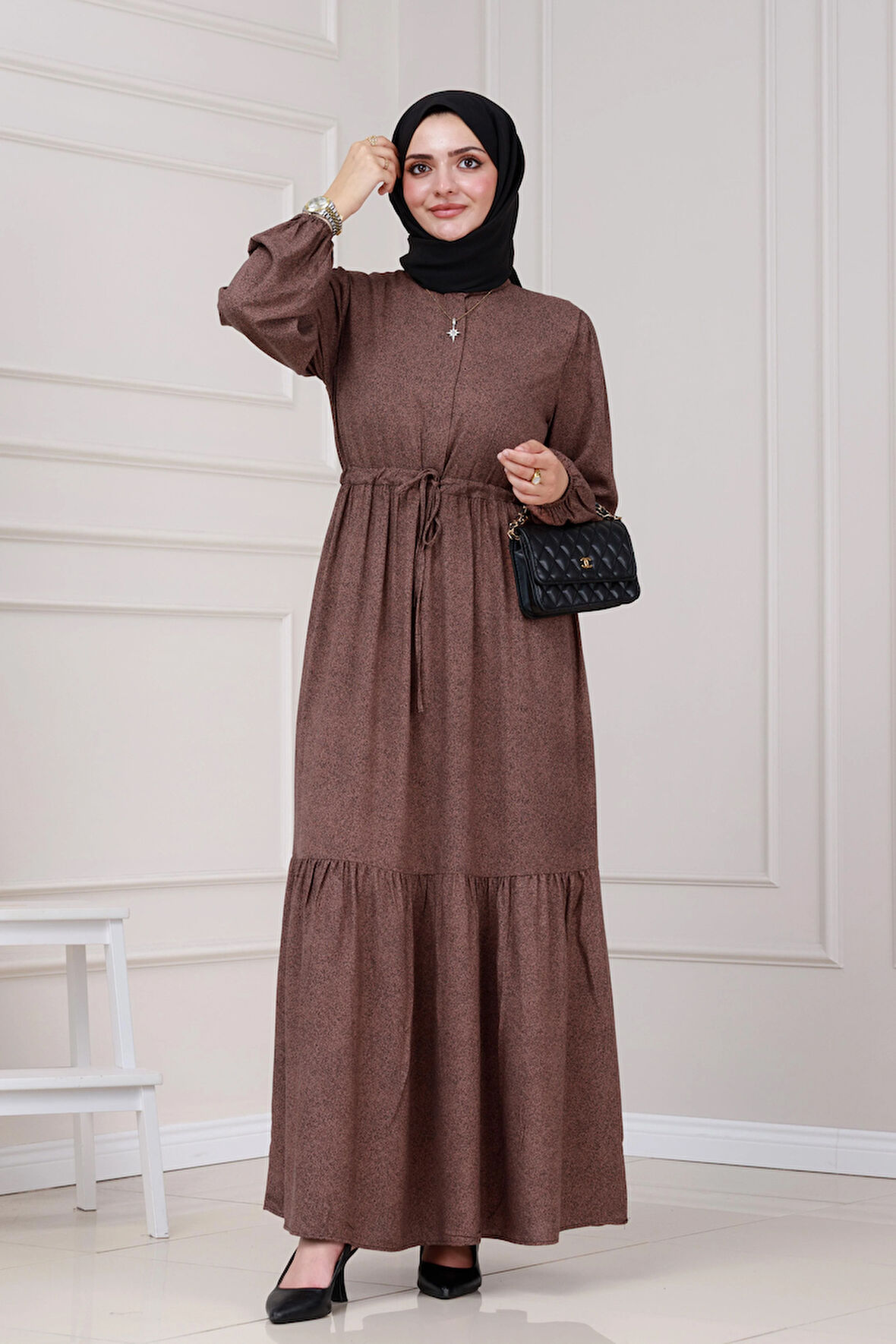 Beli Tünelli Nur Elbise-Kahverengi