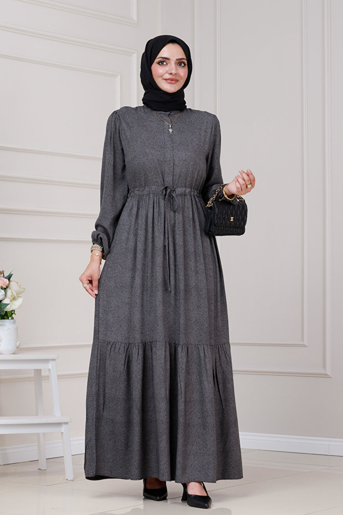 Beli Tünelli Nur Elbise-Gri