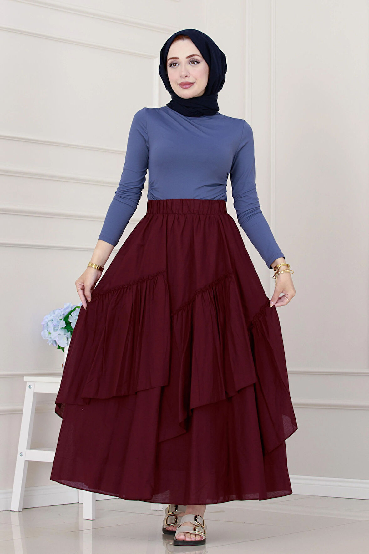 Katlı Botto Vual Etek-Bordo
