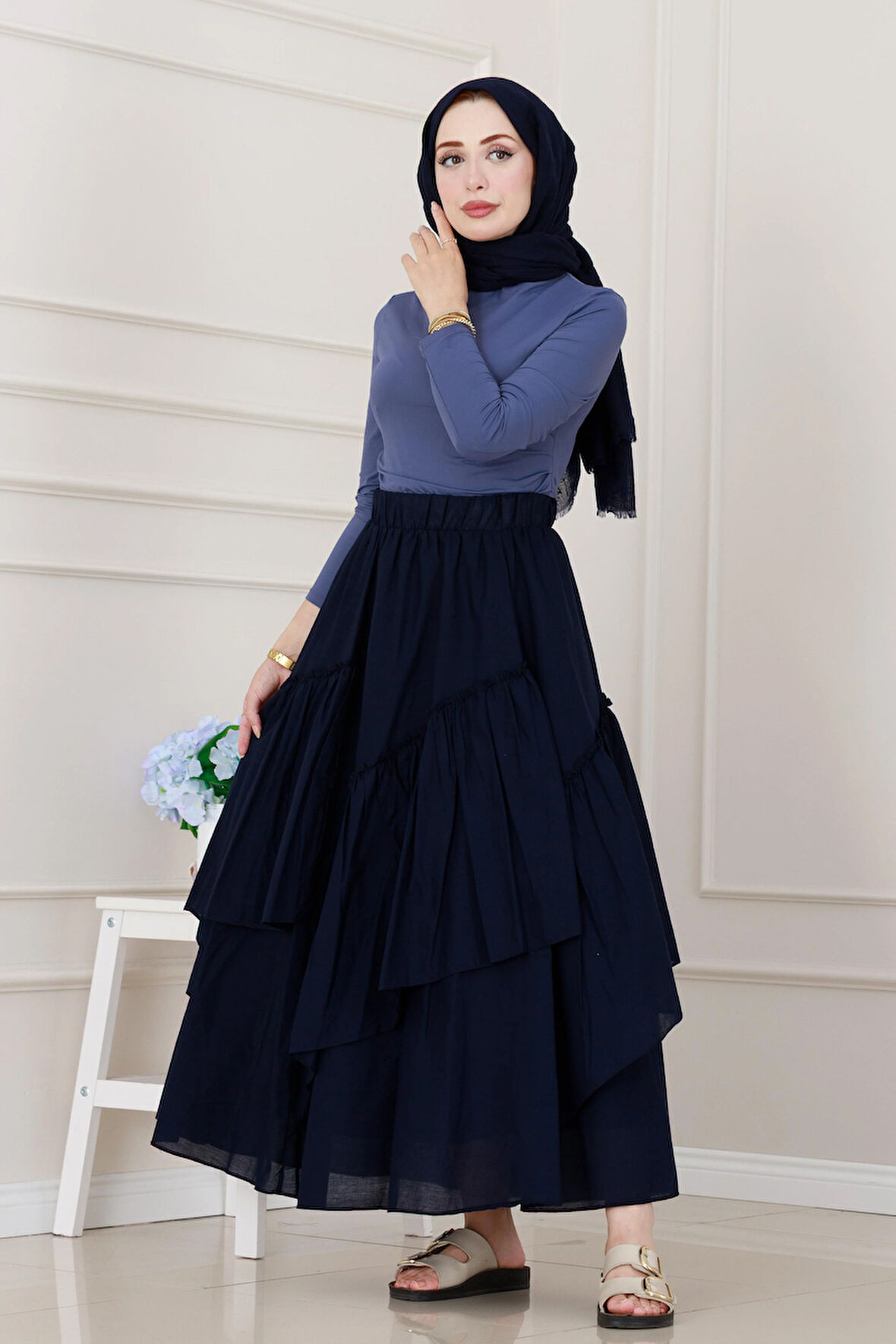 Katlı Botto Vual Etek-Lacivert