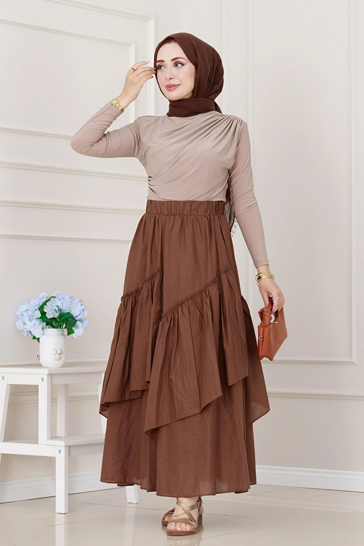 Katlı Botto Vual Etek-Kahverengi
